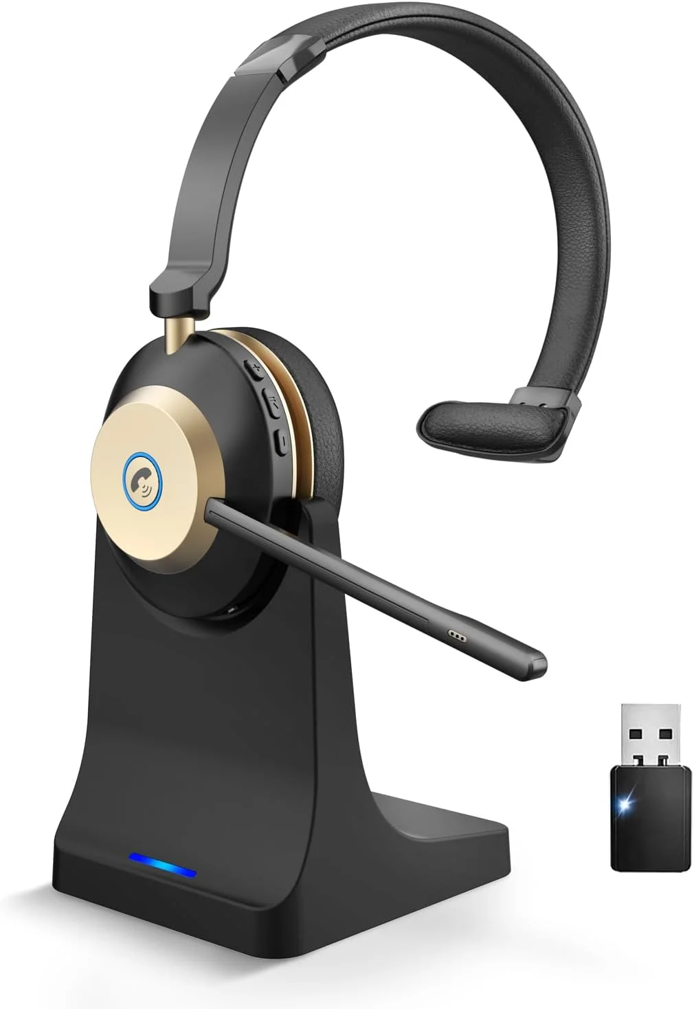 هدست بلوتوث، هدفون بی سیم با میکروفون حذف نویز و دانگل USB، هدست بی سیم با پایه شارژ و 45 ساعت زمان مکالمه برای دفتر/کامپیوتر/تلفن های همراه/Ms Teams/Skype/Zoom