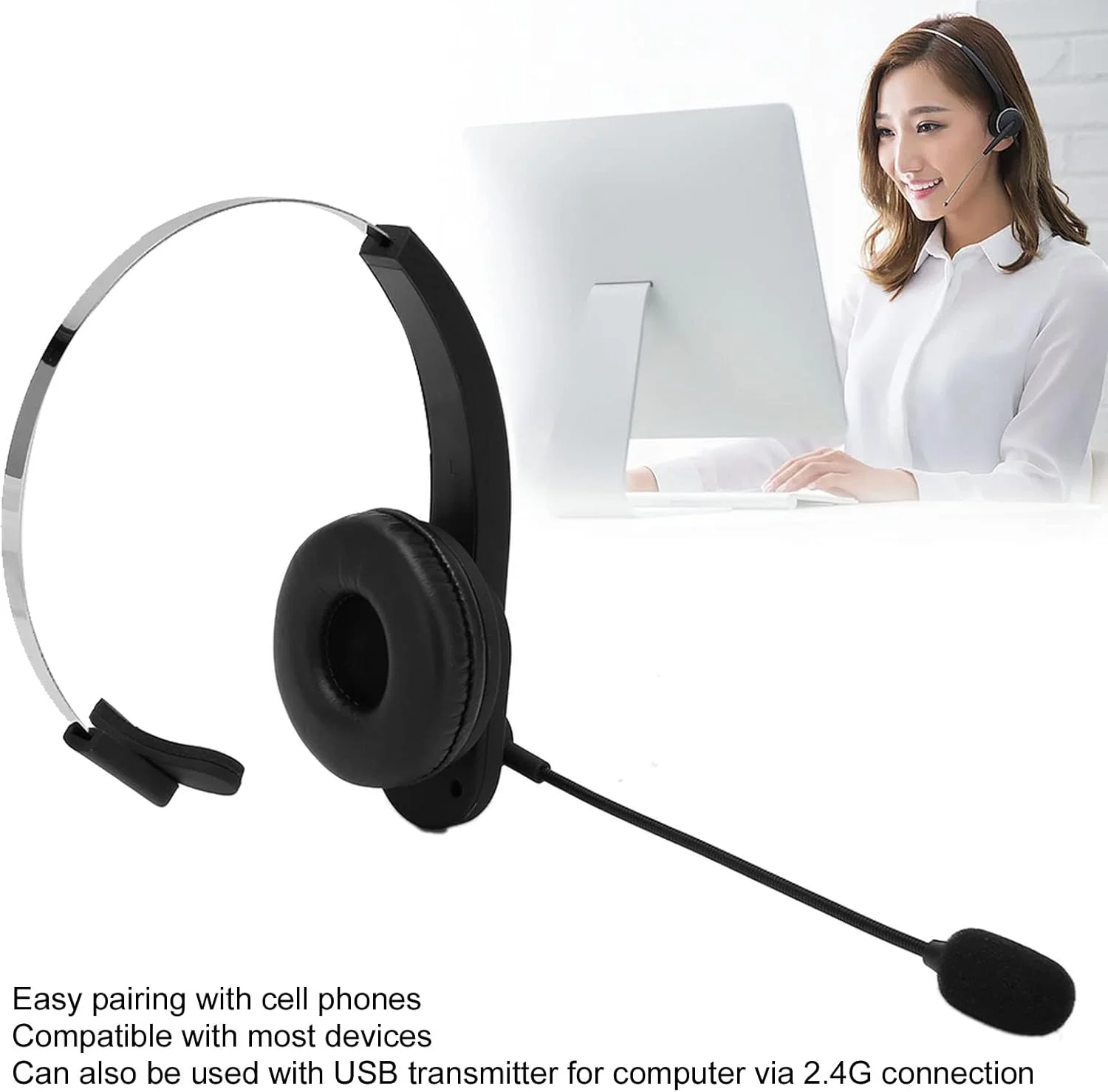 هدست تلفن بلوتوثی بی سیم تجاری با میکروفون حذف نویز و فرستنده USB برای رانندگان مراکز تماس مشکی