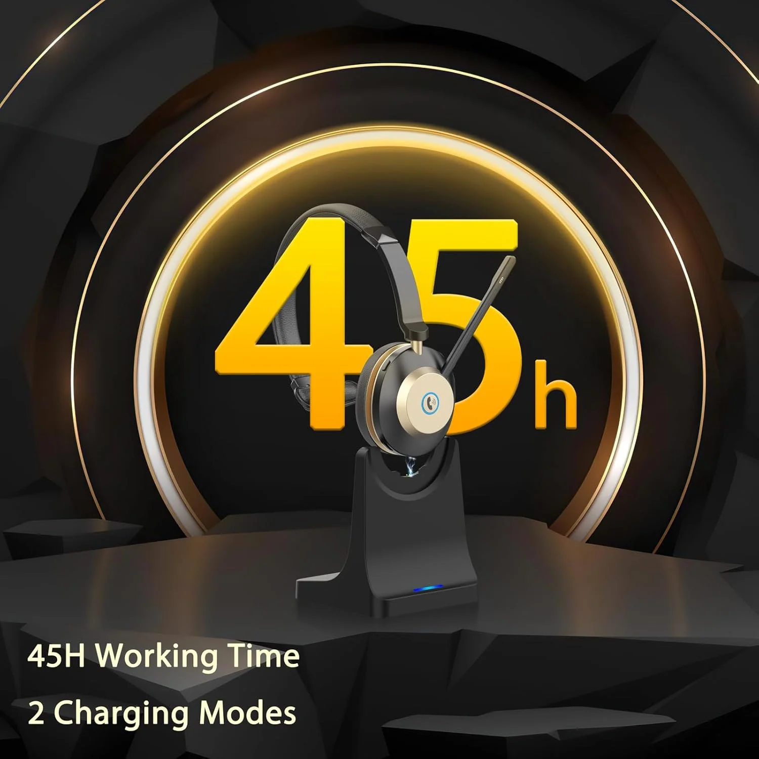 هدست بلوتوث، هدفون بی سیم با میکروفون حذف نویز و دانگل USB، هدست بی سیم با پایه شارژ و 45 ساعت زمان مکالمه برای دفتر/کامپیوتر/تلفن های همراه/Ms Teams/Skype/Zoom