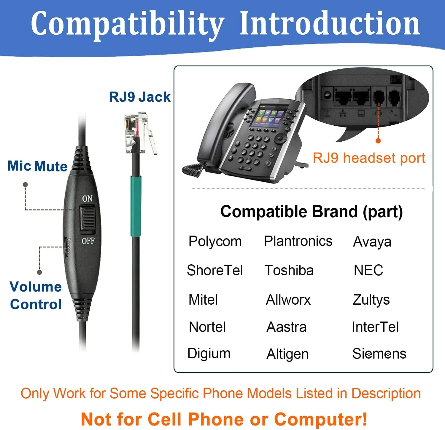 هدست تلفن Callez RJ9 با میکروفون حذف نویز و کنترل صدا، هدست تلفن سازگار با Polycom VVX310 VVX410 VVX411 Plantronics S12 Avaya 1416 5410 Mitel 5320e ShoreTel 230