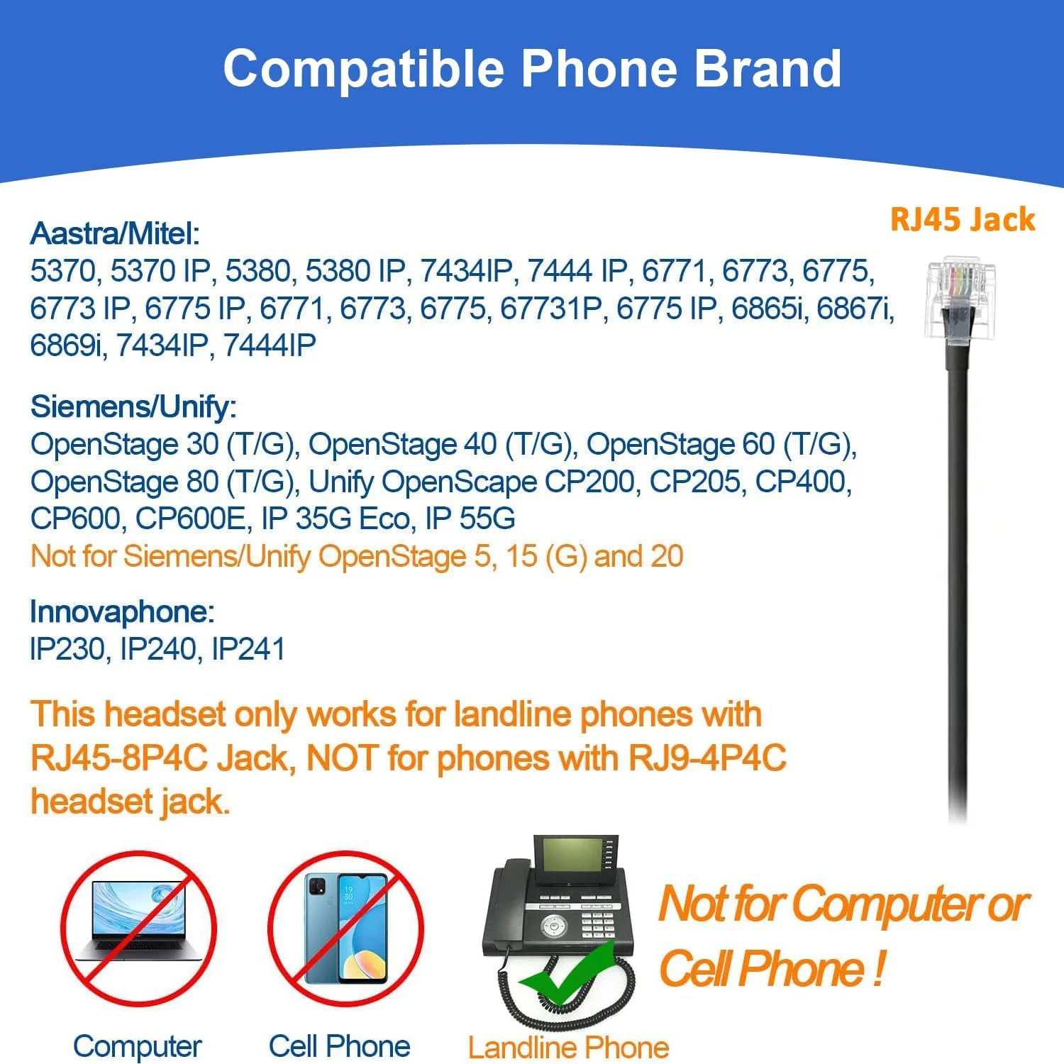 هدست تلفن کالز RJ45 با میکروفون حذف نویز، هدست تلفن مونو با قطع سریع سازگار با تلفن های ثابت IP زیمنس یونیفای OpenStage 30 40 60 80 میتل/آآسترا 6865i 6867i 5370