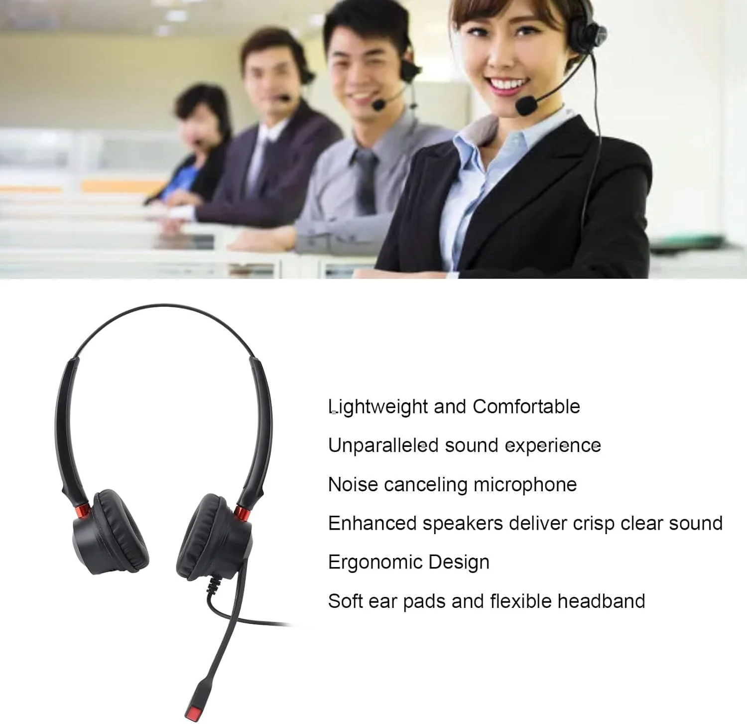 هدست با میکروفون حذف نویز، هدست برای کار، پشتیبانی دو گوش USB به USB C اتصال 3.5 میلی‌متری هدست VoIP تلفن ثابت برای رایانه شخصی لپ تاپ تبلت مشکی