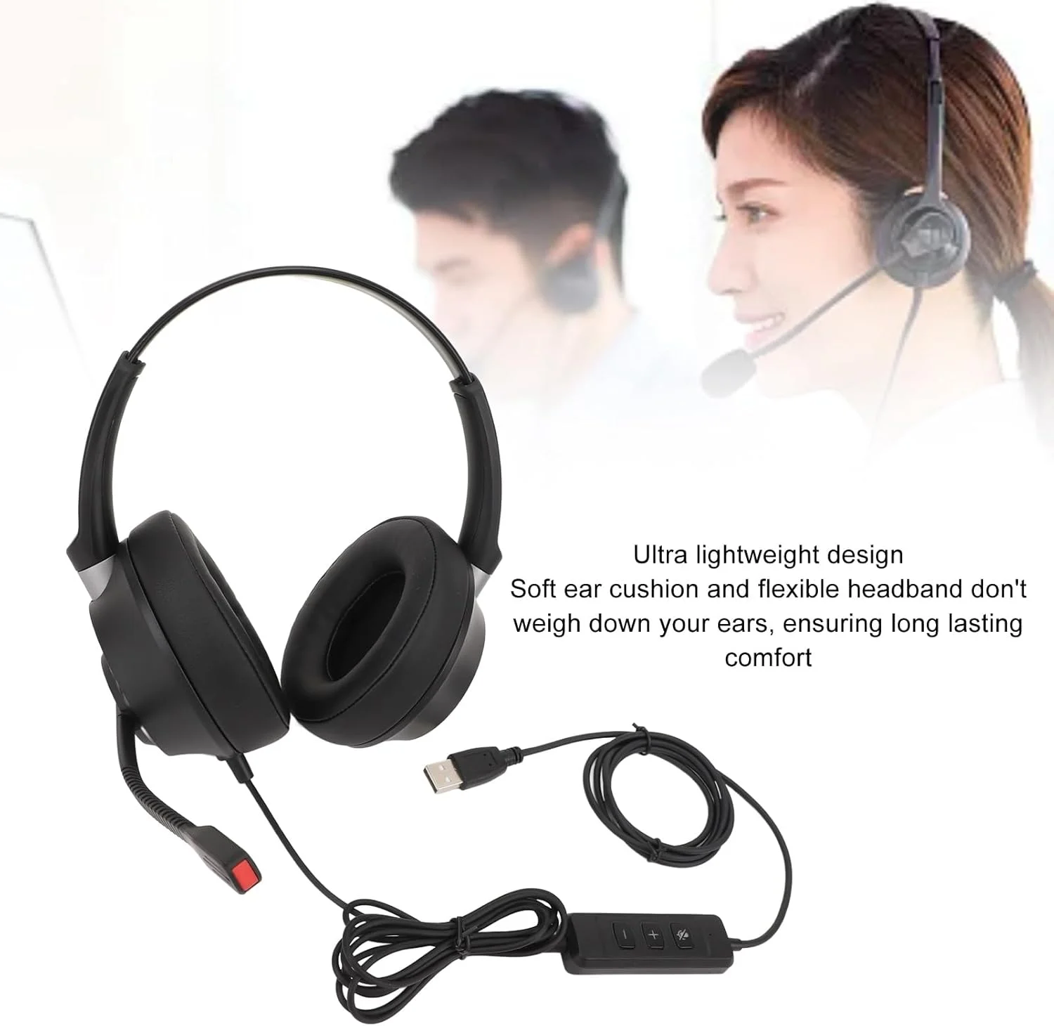 هدست تلفن با میکروفون حذف نویز، هدست تلفن مرکز تماس دو گوش با آداپتور USB، برای کامپیوتر شخصی، لپ تاپ
