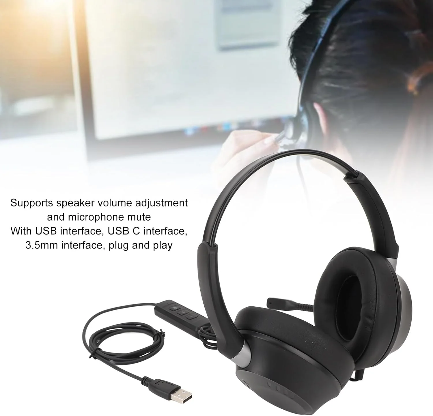 هدست تلفن با میکروفون حذف نویز، هدست تلفن مرکز تماس دو گوش با آداپتور USB، برای کامپیوتر شخصی، لپ تاپ