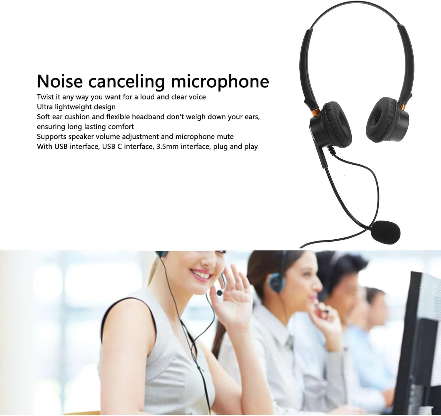 هدست XUMIUZIY با میکروفون حذف نویز، هدست تلفن USB دو گوش با قابلیت تنظیم صدا و کابل بلند، مناسب برای مرکز تماس و خدمات مشتری