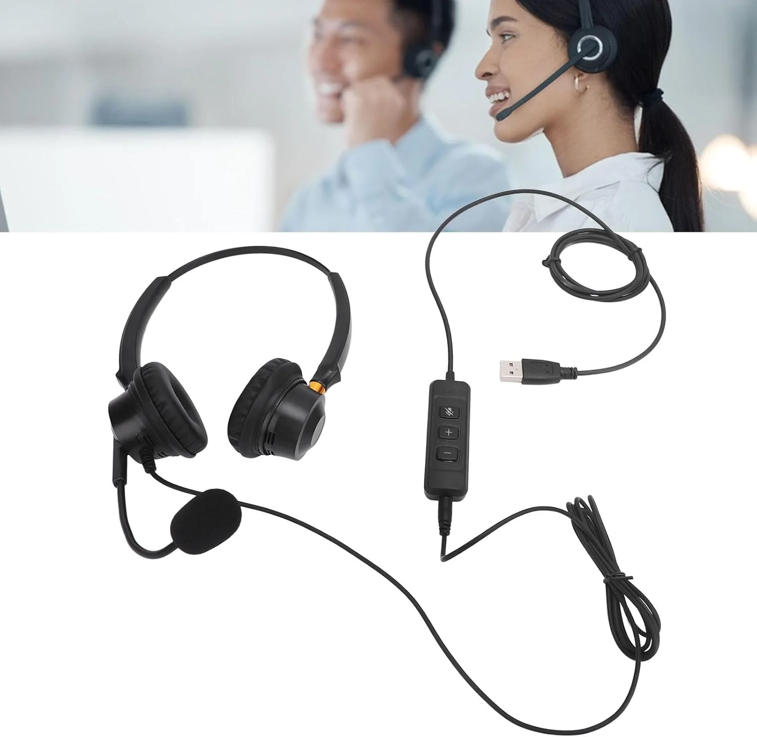 هدست XUMIUZIY با میکروفون حذف نویز، هدست تلفن USB دو گوش با قابلیت تنظیم صدا و کابل بلند، مناسب برای مرکز تماس و خدمات مشتری