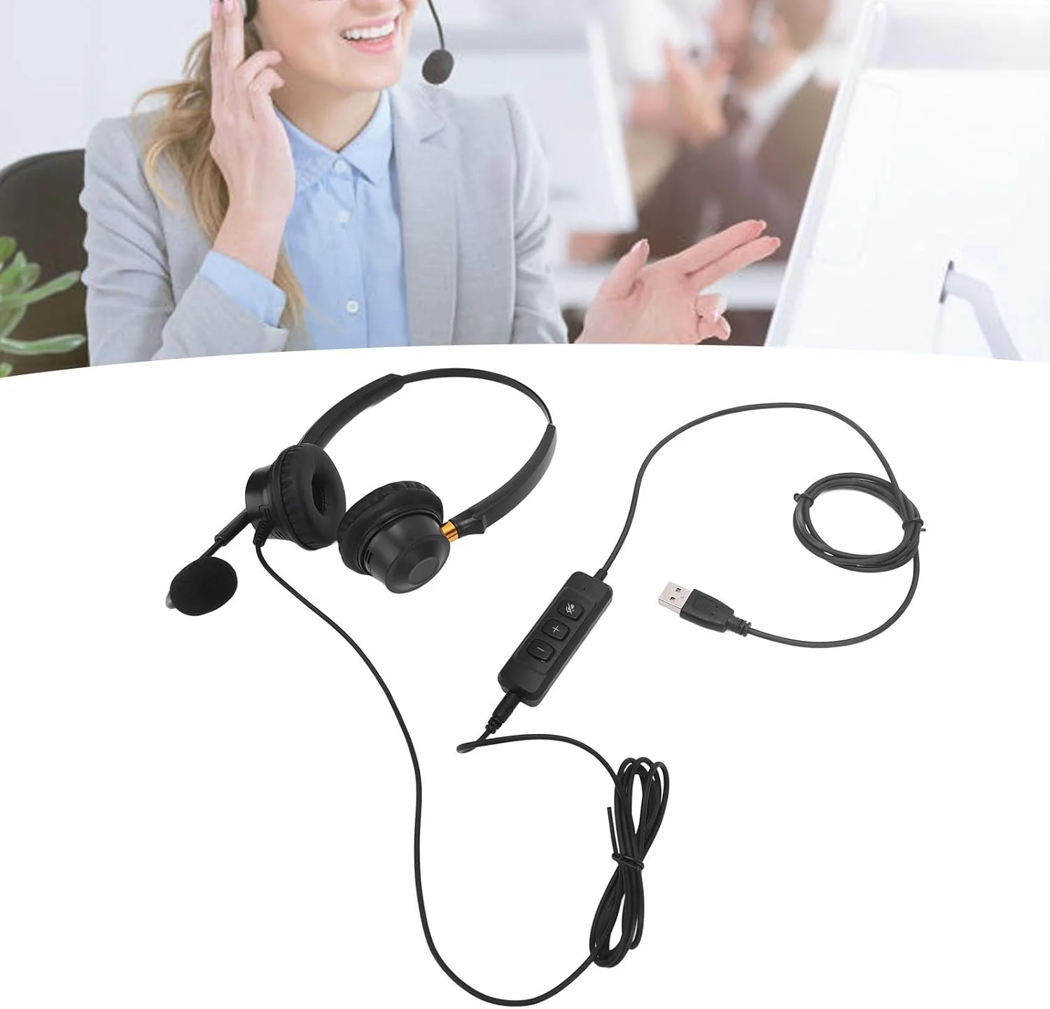 هدست XUMIUZIY با میکروفون حذف نویز، هدست تلفن USB دو گوش با قابلیت تنظیم صدا و کابل بلند، مناسب برای مرکز تماس و خدمات مشتری