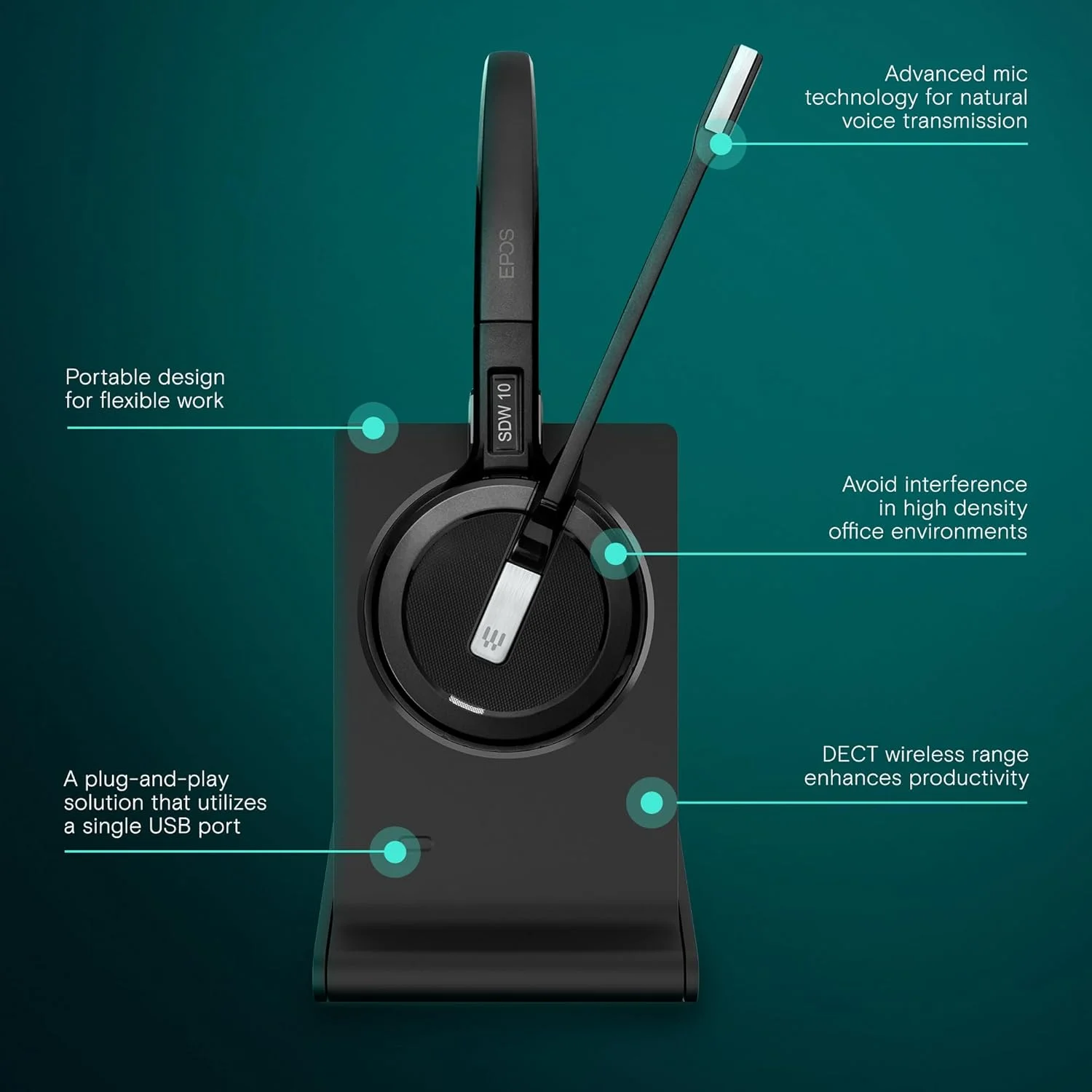 هدست بی سیم حرفه ای DECT مدل EPOS Impact 5000 Go MS 3-in-1 با میکروفون حذف نویز، دارای گواهی Microsoft Teams، برد 135 متری، پایه شارژ تاشو و دانگل USB-A هدست بی سیم حرفه ای DECT مدل EPOS Impact 5000 Go MS 3-in-1 با میکروفون حذف نویز، دارای گواهی Microsoft Teams، برد 135 متری، پایه شارژ تاشو و دانگل USB-A