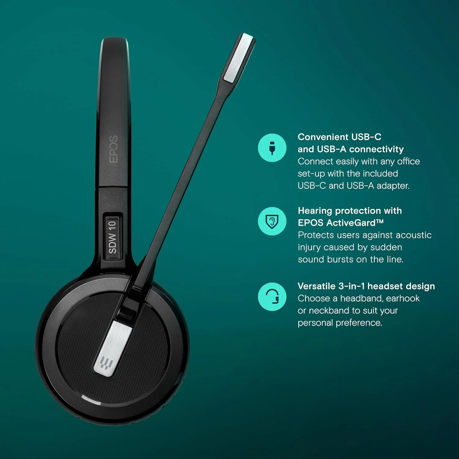 هدست بی سیم حرفه ای DECT مدل EPOS Impact 5000 Go MS 3-in-1 با میکروفون حذف نویز، دارای گواهی Microsoft Teams، برد 135 متری، پایه شارژ تاشو و دانگل USB-A هدست بی سیم حرفه ای DECT مدل EPOS Impact 5000 Go MS 3-in-1 با میکروفون حذف نویز، دارای گواهی Microsoft Teams، برد 135 متری، پایه شارژ تاشو و دانگل USB-A