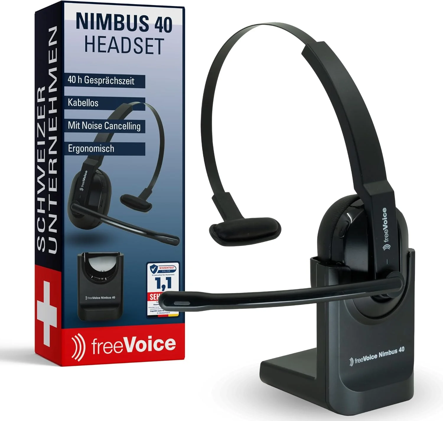 هدست بلوتوث بی‌سیم freeVoice Nimbus 40 با میکروفون برای دفتر کار، کار در منزل یا در حال حرکت [حذف نویز] 40 ساعت مکالمه، برد 30 متر