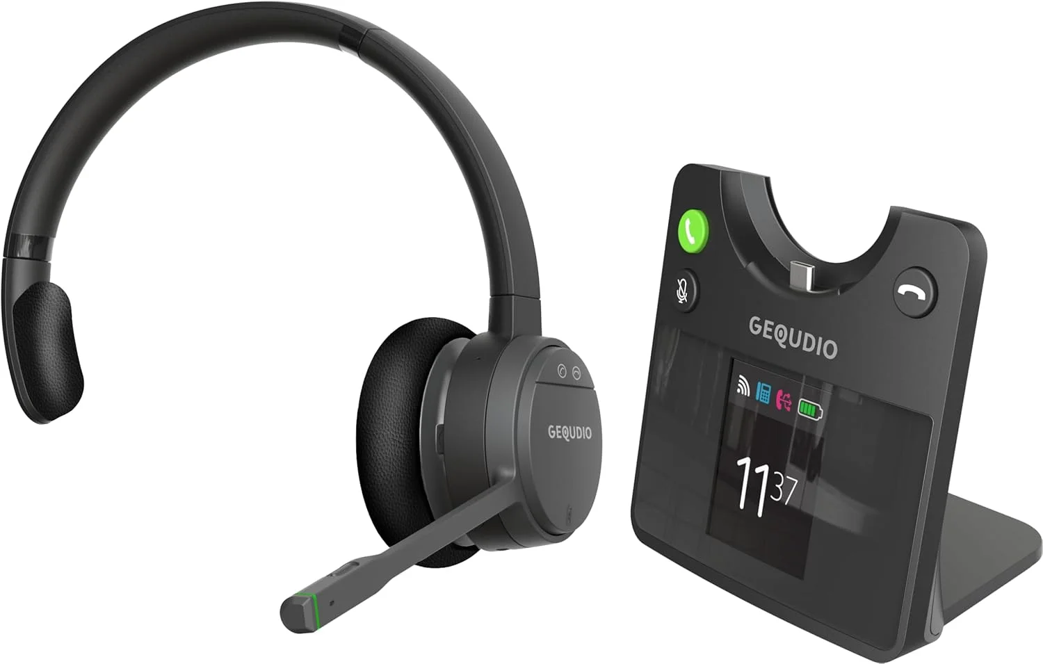 هدست دوگانه GEQUDIO GC1+B DECT و بلوتوث برای کامپیوتر (ویندوز) مک (اپل)، تک گوش با نمایشگر رنگی، ایستگاه پایه، USB، برد بی سیم 200 متر، برای تلفن های GX5 GZ Unify