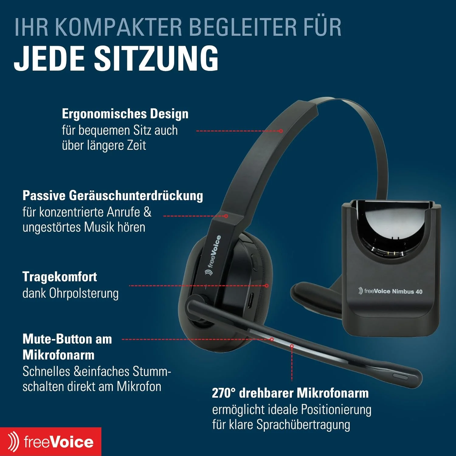 هدست بلوتوث بی‌سیم freeVoice Nimbus 40 با میکروفون برای دفتر کار، کار در منزل یا در حال حرکت [حذف نویز] 40 ساعت مکالمه، برد 30 متر