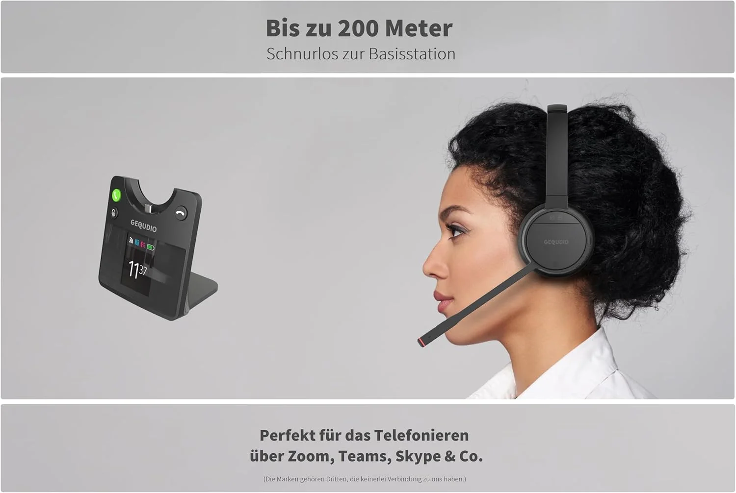 هدست دوگانه GEQUDIO GC1+B DECT و بلوتوث برای کامپیوتر (ویندوز) مک (اپل)، تک گوش با نمایشگر رنگی، ایستگاه پایه، USB، برد بی سیم 200 متر، برای تلفن های GX5 GZ Unify هدست دوگانه GEQUDIO GC1+B DECT و بلوتوث برای کامپیوتر (ویندوز) مک (اپل)، تک گوش با نمایشگر رنگی، ایستگاه پایه، USB، برد بی سیم 200 متر، برای تلفن های GX5 GZ Unify