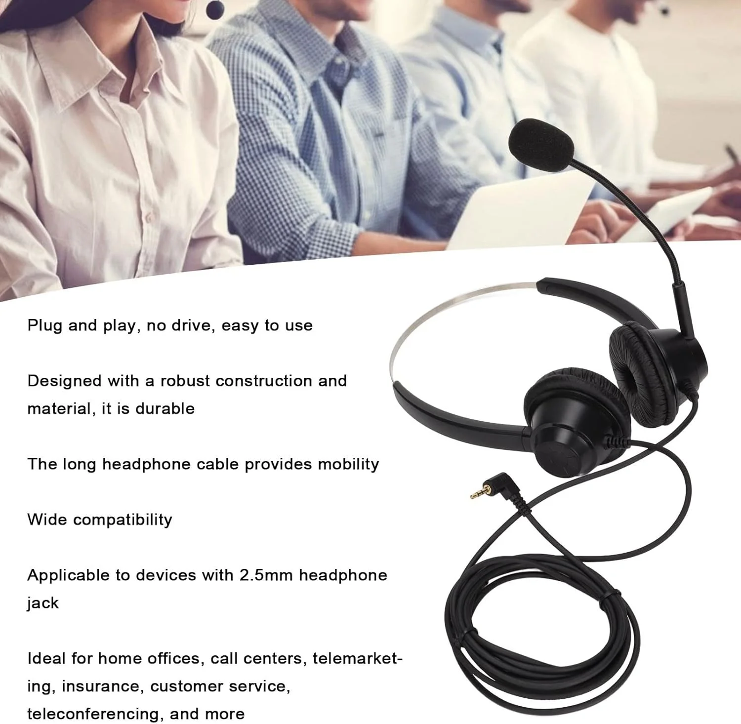 هدست تلفن مرکز تماس استریو سیمی با جک 2.5 میلی‌متری، هدست تلفن دو گوشی با میکروفون HD، کنترل درون خطی، سبک وزن، برای مرکز تماس/اسکایپ/زوم/وبینار