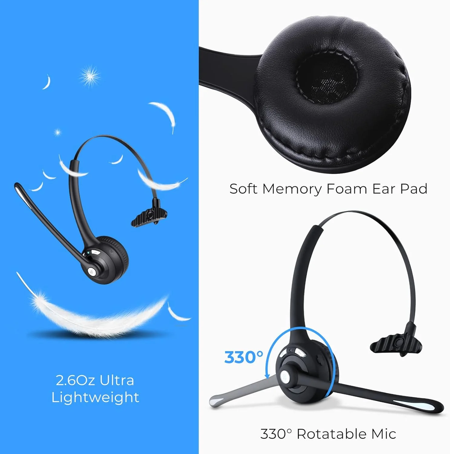 هدست راننده کامیون، هدست تلفن همراه بی سیم با میکروفون حذف نویز CVC 6.0، بیش از 16 ساعت زمان مکالمه، هدفون تلفن هندزفری برای کامپیوتر، دفتر، خانه، مرکز تماس