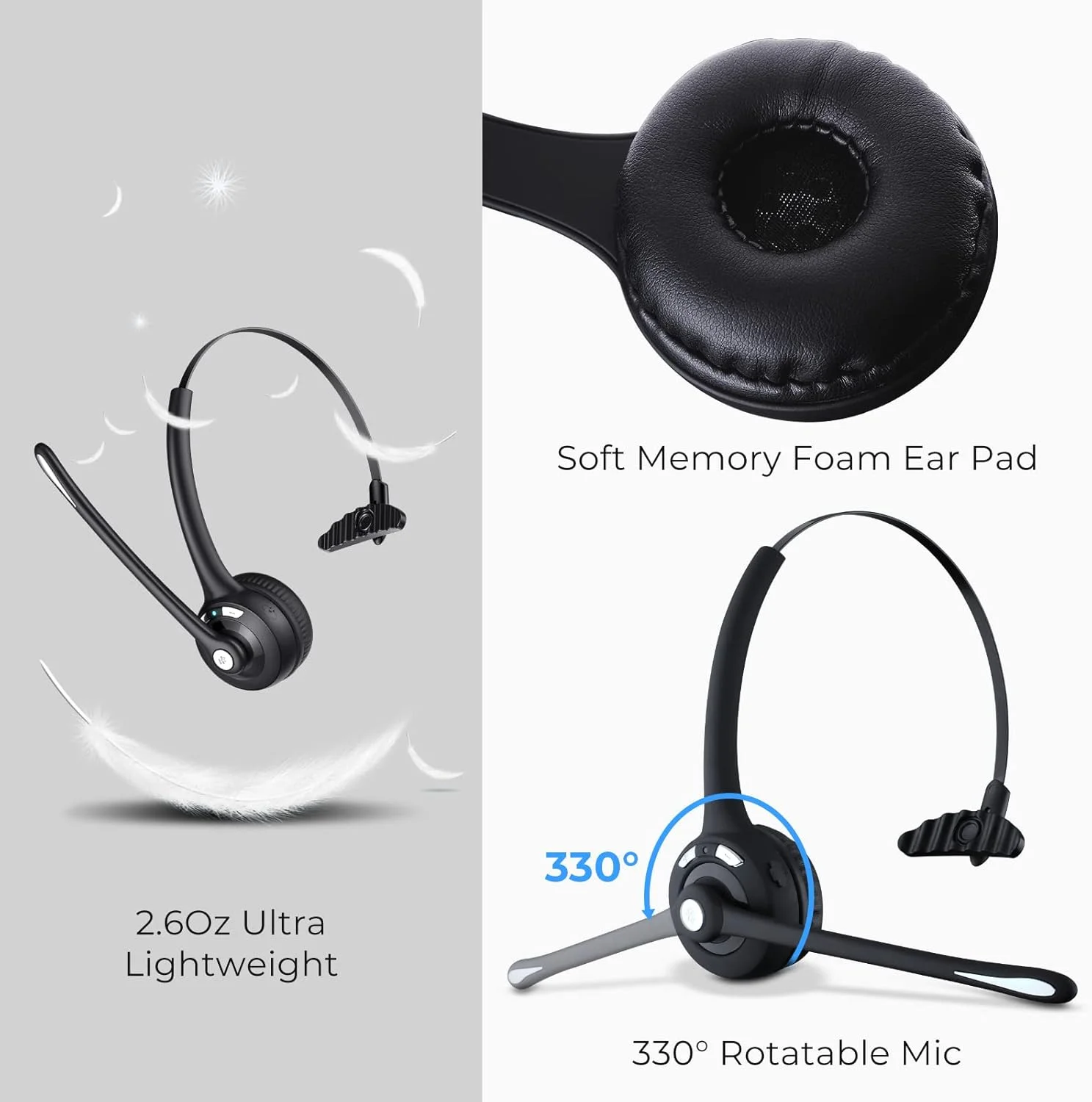 هدست راننده کامیون، هدست تلفن همراه بی سیم با میکروفون حذف نویز CVC 6.0، بیش از 16 ساعت زمان مکالمه، هدفون تلفن هندزفری برای کامپیوتر، دفتر، خانه، مرکز تماس