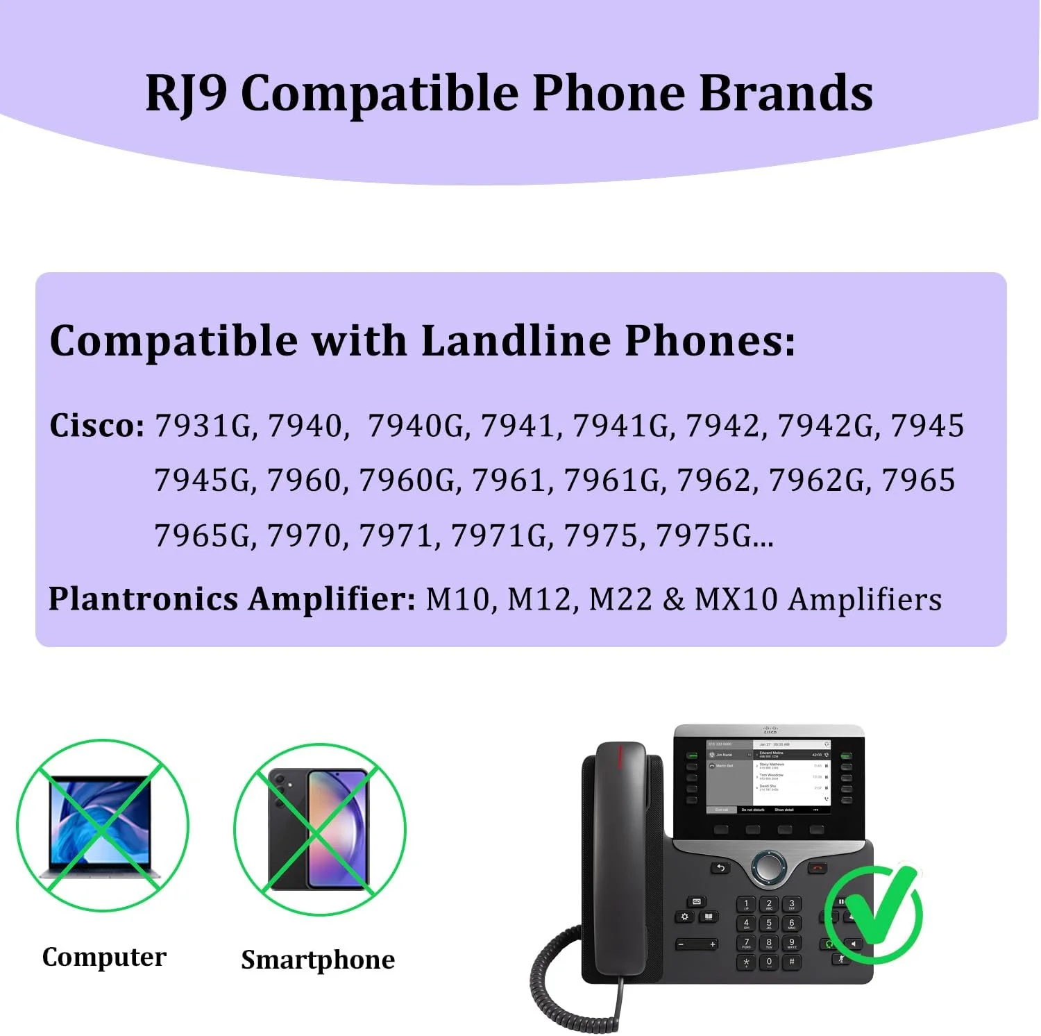 کابل آداپتور هدست U10 برای هدست های Plantronics Quick Disconnect RJ9 به QD سازگار با تلفن های IP سیسکو 7841 7942 7821 8841 7962 7945 7965 8845 8851 7811 7941