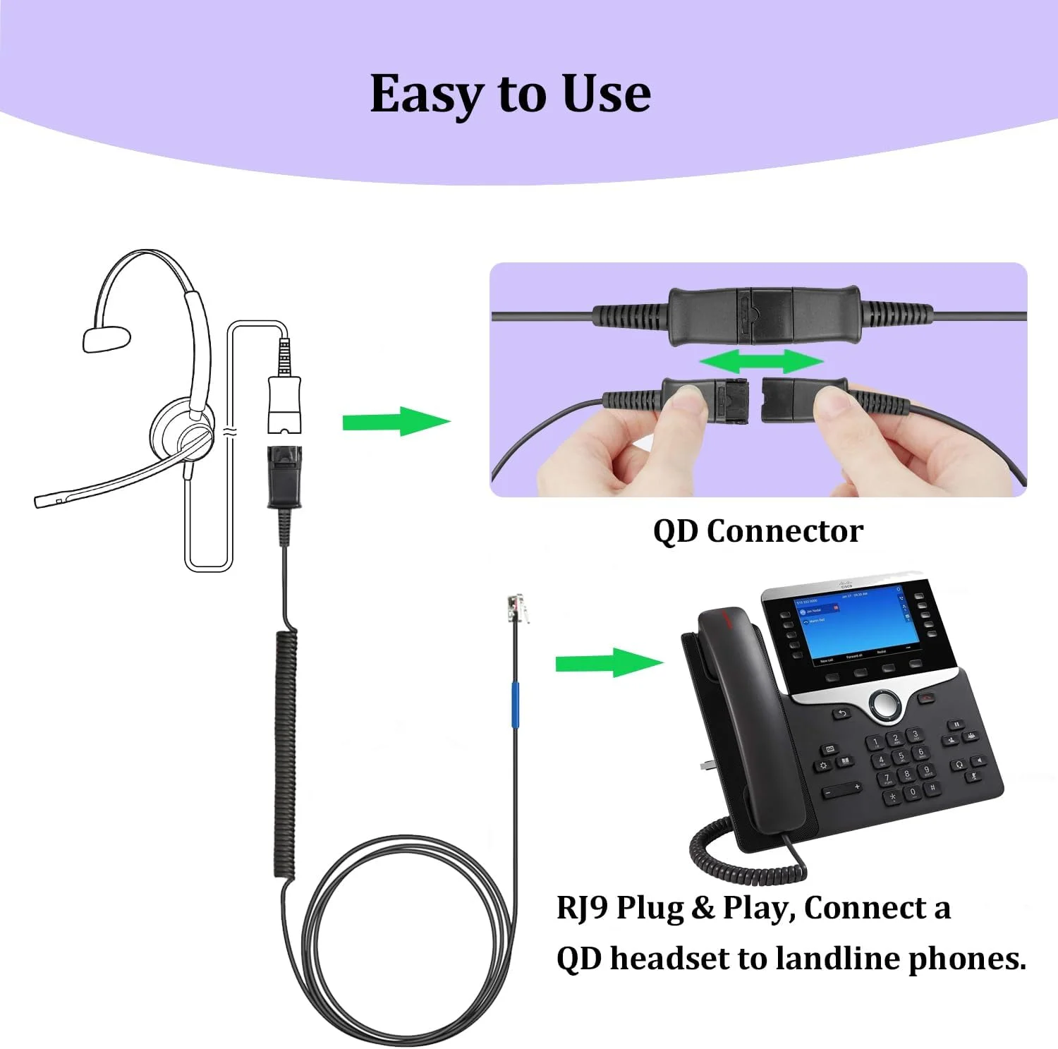 کابل آداپتور هدست U10 برای هدست های Plantronics Quick Disconnect RJ9 به QD سازگار با تلفن های IP سیسکو 7841 7942 7821 8841 7962 7945 7965 8845 8851 7811 7941
