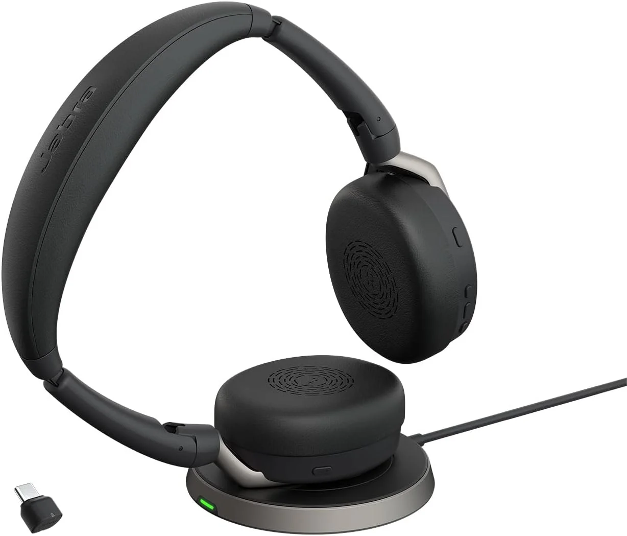 هدست استریو جبرا Evolve2 65 Flex - با بلوتوث، پد شارژ بی‌سیم، فناوری حذف نویز Jabra ClearVoice و ANC هیبریدی - سازگار با تمام پلتفرم‌های UC پیشرو - مشکی