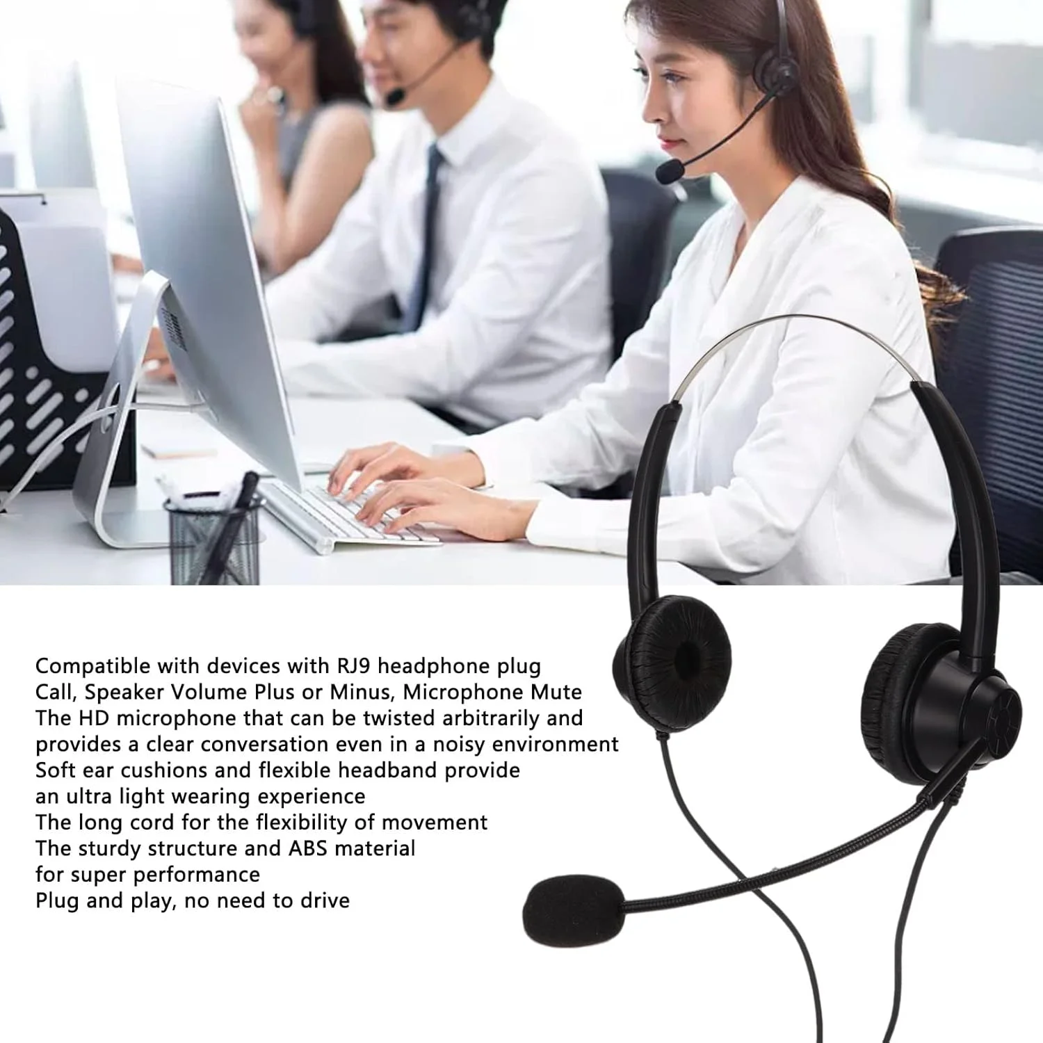 هدست تلفن مرکز تماس استریو سیمی با میکروفون حذف نویز، هدست تلفن دو گوشی H360D‑RJ9MV RJ9 با تنظیم صدا و قطع میکروفون هدست تلفن مرکز تماس استریو سیمی با میکروفون حذف نویز، هدست تلفن دو گوشی H360D‑RJ9MV RJ9 با تنظیم صدا و قطع میکروفون