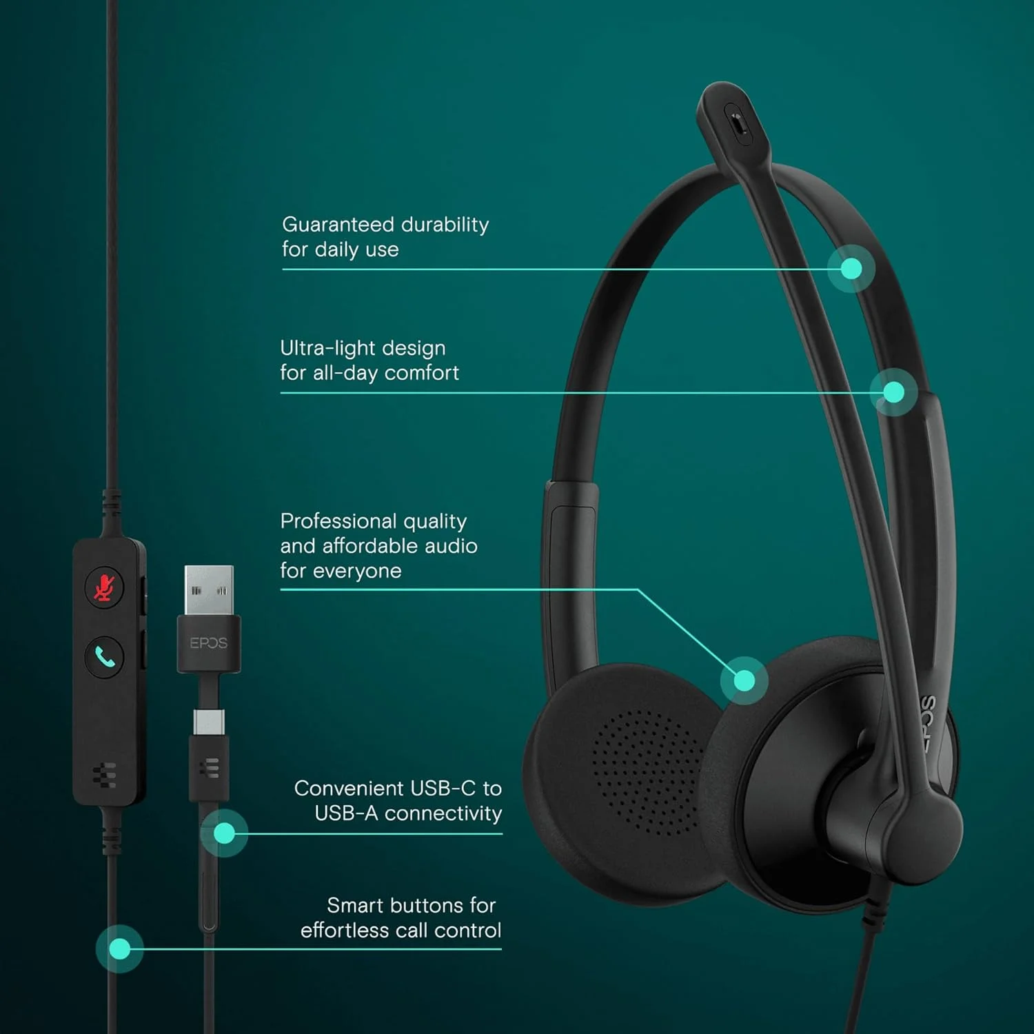 هدست استریو USB-C+A ایپوز Impact 100 UC با میکروفون، ارتباطات جهانی، حذف نویز، سبک وزن، آداپتور USB، هدفون حرفهای UC، پدهای گوشی نرم، مشکی هدست استریو USB-C+A ایپوز Impact 100 UC با میکروفون، ارتباطات جهانی، حذف نویز، سبک وزن، آداپتور USB، هدفون حرفهای UC، پدهای گوشی نرم، مشکی