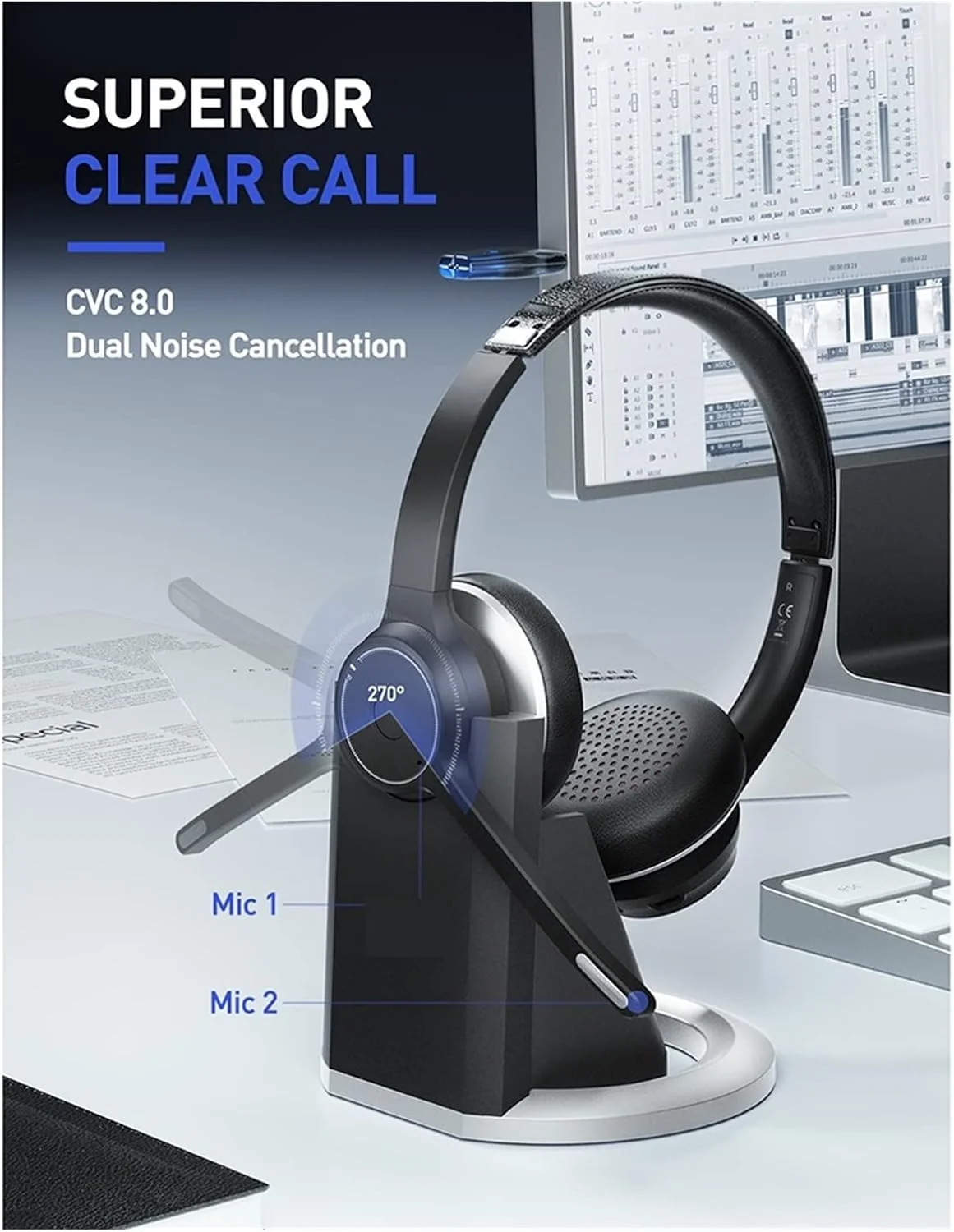 هدست بیسیم اداری با میکروفون و پایه شارژ، بلوتوث 5.0، هدست دوگانه CVC8.0 با فناوری حذف نویز برای تماسهای بدون وقفه Zeenyi هدست بیسیم اداری با میکروفون و پایه شارژ، بلوتوث 5.0، هدست دوگانه CVC8.0 با فناوری حذف نویز برای تماسهای بدون وقفه Zeenyi