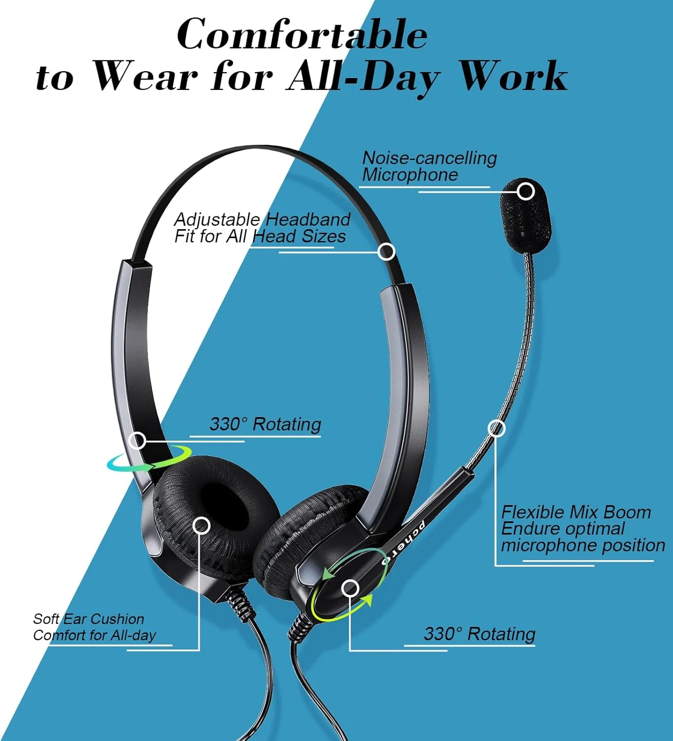 هدست تلفن رومیزی معمولی PChero، هدست دو گوشی سیمی با قابلیت حذف نویز و هندزفری، هدفون مرکز تماس با سر کریستالی RJ9 4 پین و میکروفون