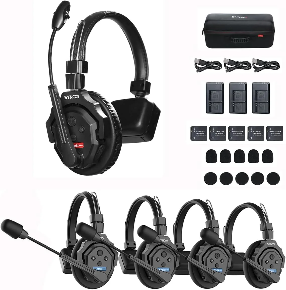 سیستم اینترکام هدست بی سیم SYNCO XTalk X5، 2.4 گیگاهرتز فول دوبلکس 350 متر، نظارت بلادرنگ، 20 ساعت عمر باتری، هدست تلفن برای ارتباط تیمی بین 5 نفر