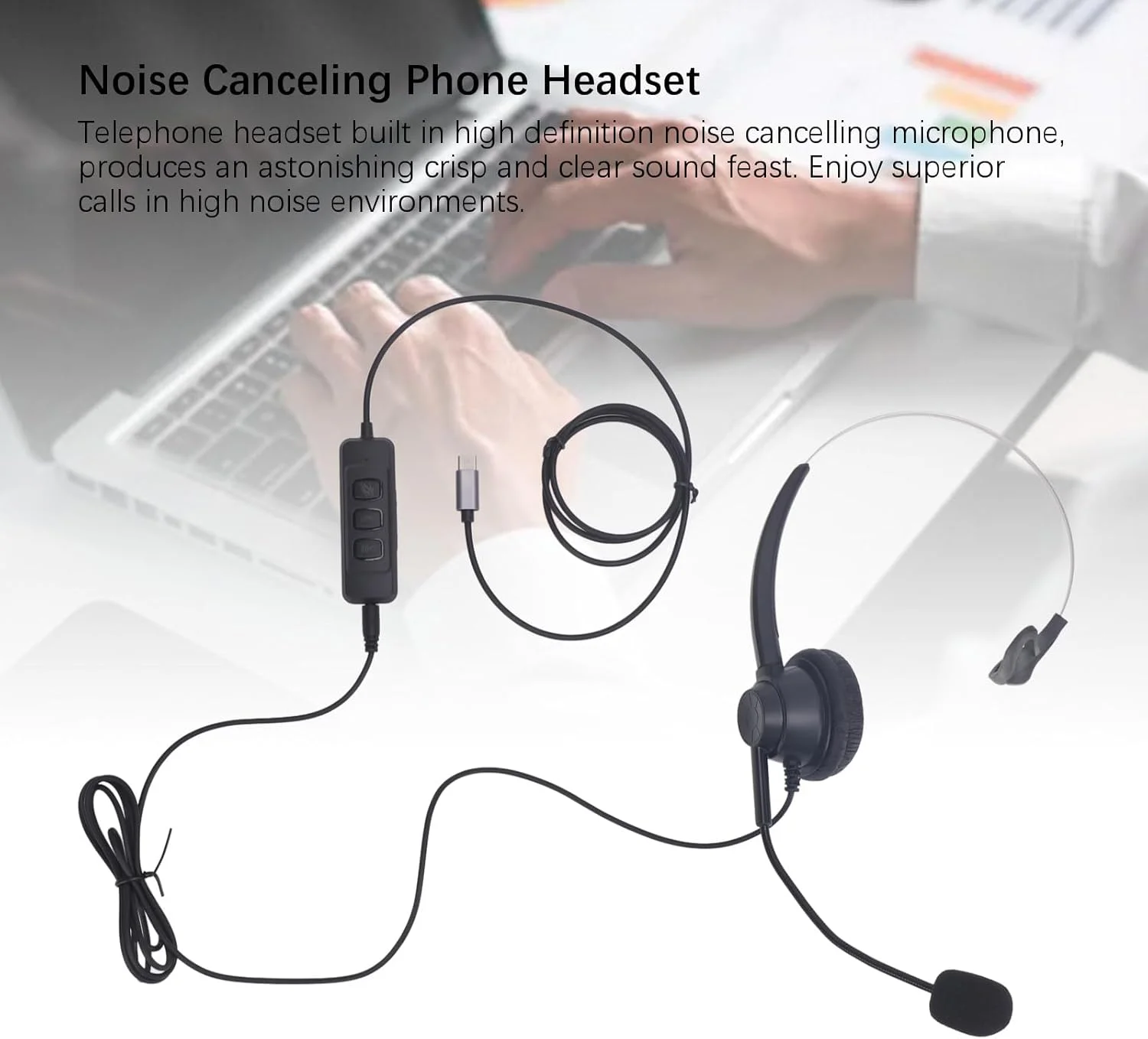 هدست تلفن سیمی با میکروفون حذف نویز، هدست تلفن تک گوش، پشتیبانی از اتصال USB C به USB 3.5 میلی‌متری، هدست تلفن ثابت VoIP برای کامپیوتر، لپ‌تاپ و تبلت