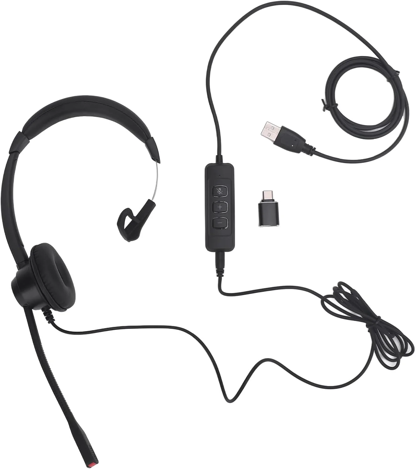 هدست تلفن با میکروفون حذف نویز، هدست تک گوش USB با آداپتور USB به USB C برای کامپیوتر، لپ تاپ، تلفن و تبلت، ایده آل برای خانه و...