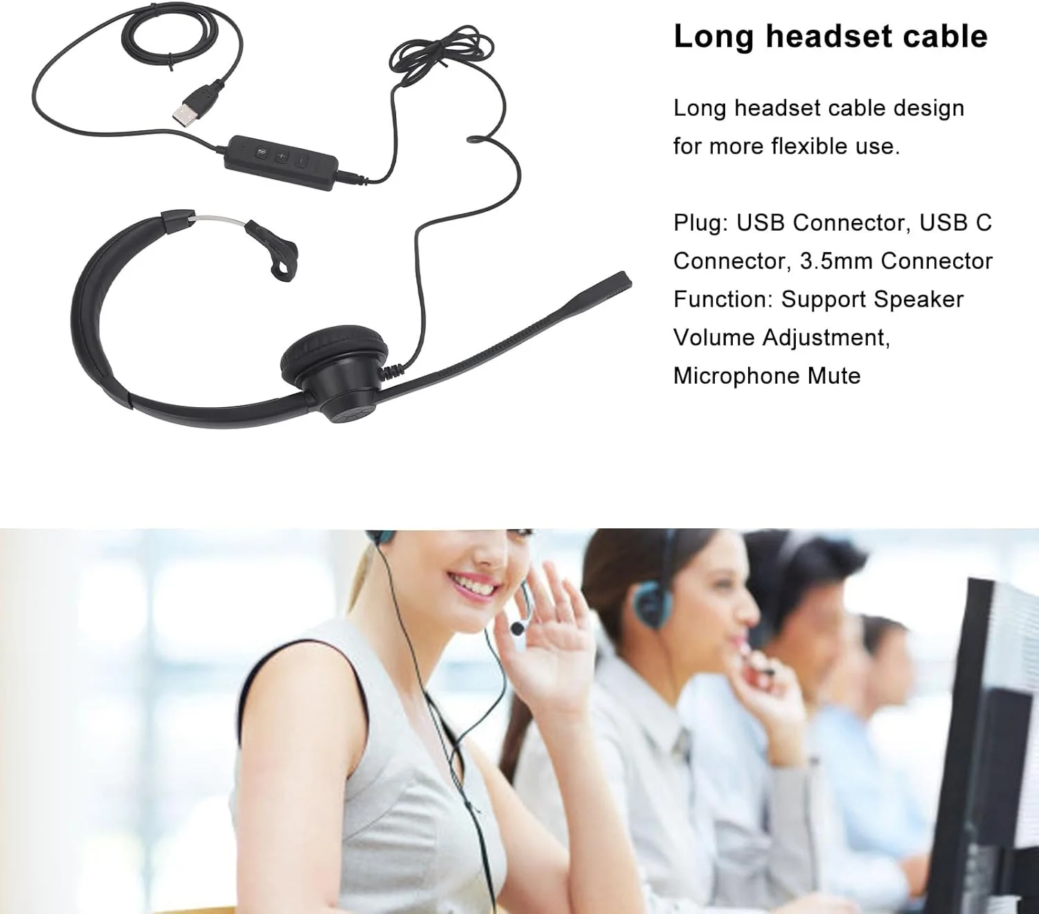 هدست تلفن با میکروفون حذف نویز، هدست تک گوش USB با آداپتور USB به USB C برای کامپیوتر، لپ تاپ، تلفن و تبلت، ایده آل برای خانه و...