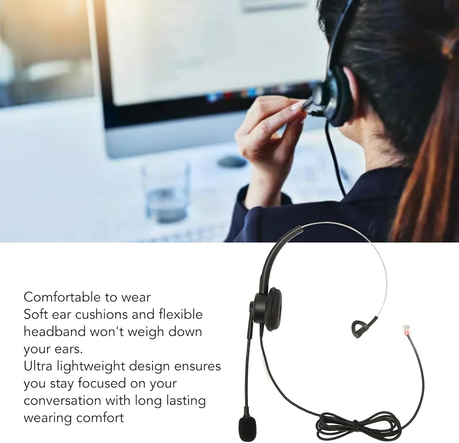 هدست تلفن، هدست خدمات مشتری VT200 تک گوش، هدست تلفن سیمی با قابلیت حذف نویز با کنترل صدا و میکروفون انعطاف پذیر، راحتی در تمام طول روز