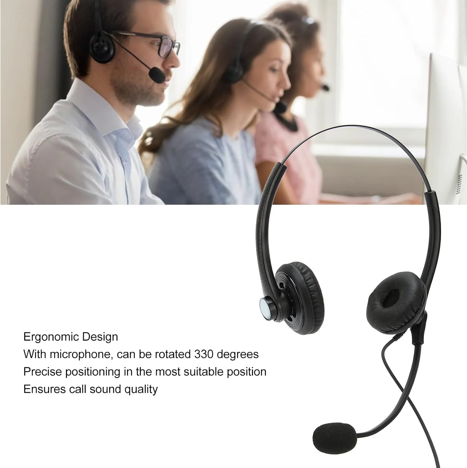 هدست تلفن سیمی با میکروفون حذف نویز، هدفون تجاری دو گوش برای خدمات مشتری مرکز تماس، کنترل خطی، صدای واضح، طراحی ارگونومیک، نرم و (USB)