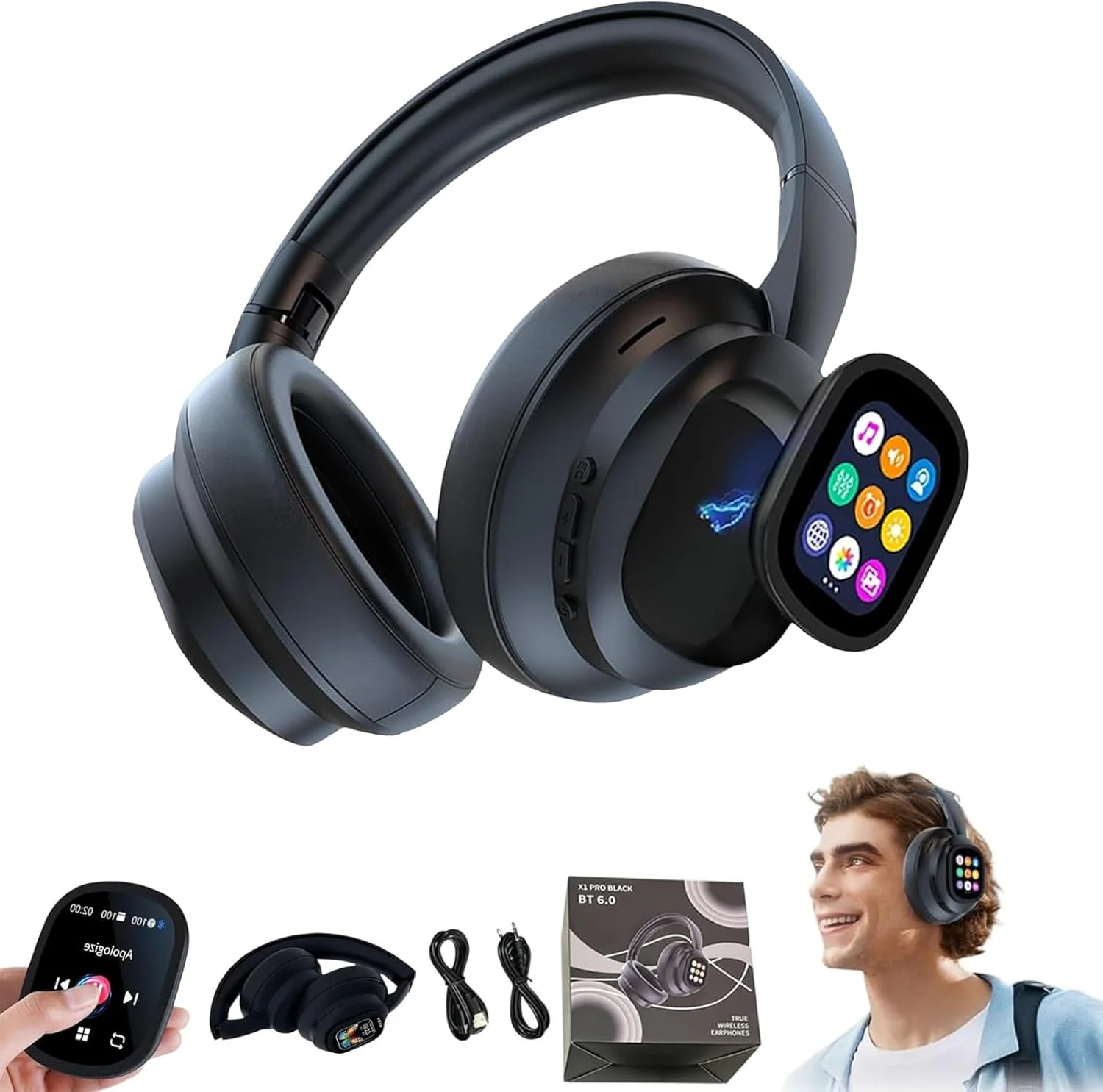 هدفون بی‌سیم ترجمه هوش مصنوعی HY-X1 PRO مدل 2026 با صفحه نمایش لمسی LCD متحرک، هدفون بی‌سیم بلوتوث 6.0، مترجم 115 زبانه همزمان، مناسب برای سفر و تجارت