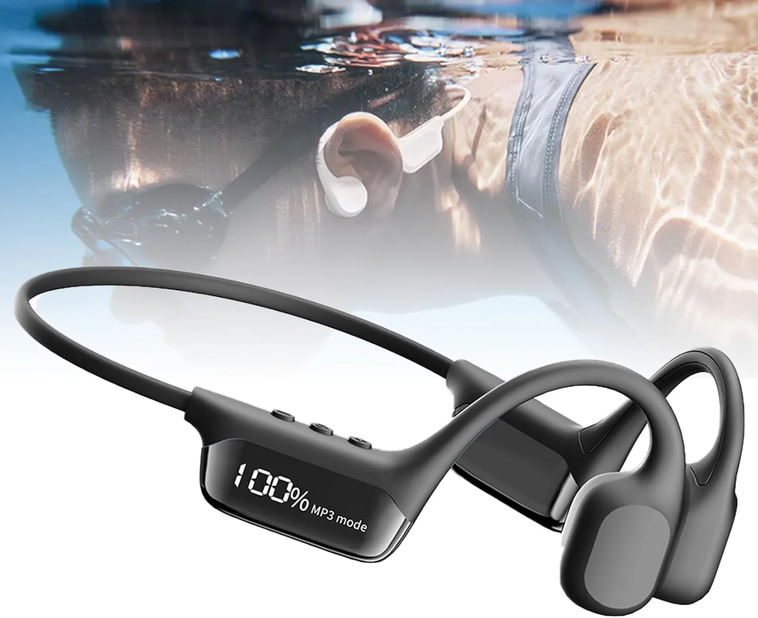 هدفون های استخوانی ضد آب - IP68 مناسب زیر آب، دارای پخش کننده MP3 داخلی 32 گیگابایتی، باتری 6 ساعته + نمایشگر LED، شارژ مغناطیسی برای شنا، دویدن، دوچرخه سواری و رانندگی، مشکی