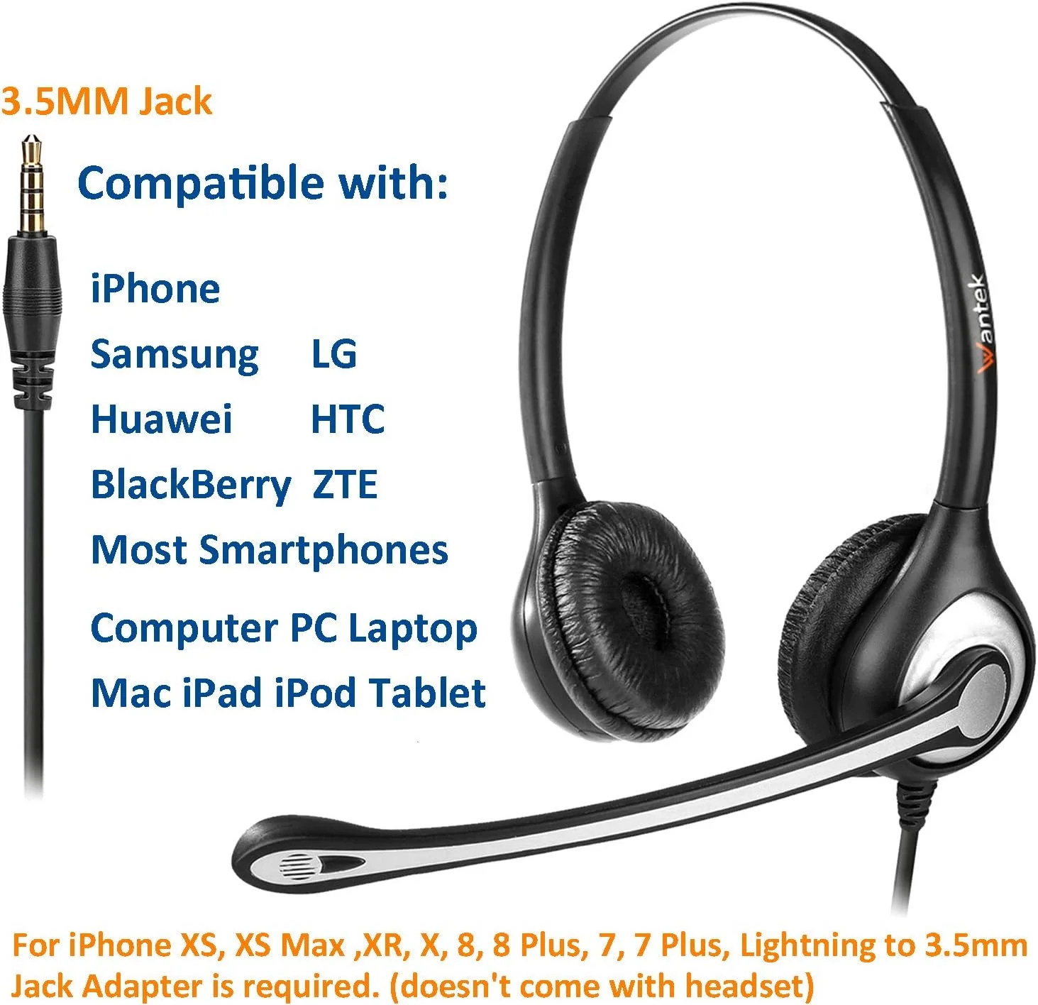 هدست تلفن همراه دو گوشی Wantek با میکروفون حذف نویز، گوشی هوشمند برای آیفون سامسونگ هوآوی HTC LG ZTE بلک بری تلفن همراه اندروید با جک 3.5 میلی متری