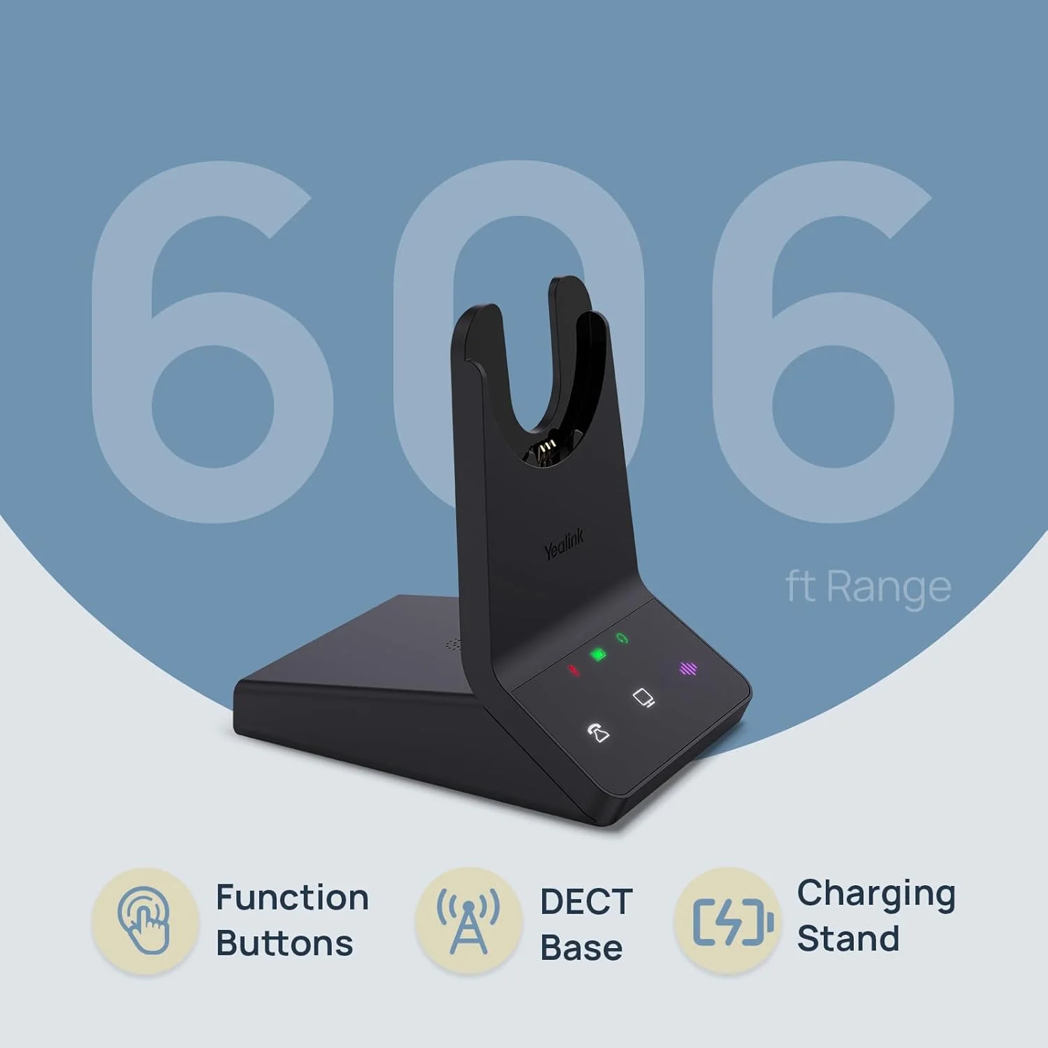هدست بی سیم Yealink WH64 Mono UC DECT و بلوتوث، برد 185 متری، دارای گواهینامه Zoom، Skype و UC، تک گوشی روی گوش با میکروفون حذف نویز 3X، 26 ساعت مکالمه، تلفن IP رومیزی اداری، کامپیوتر، رایانه شخصی