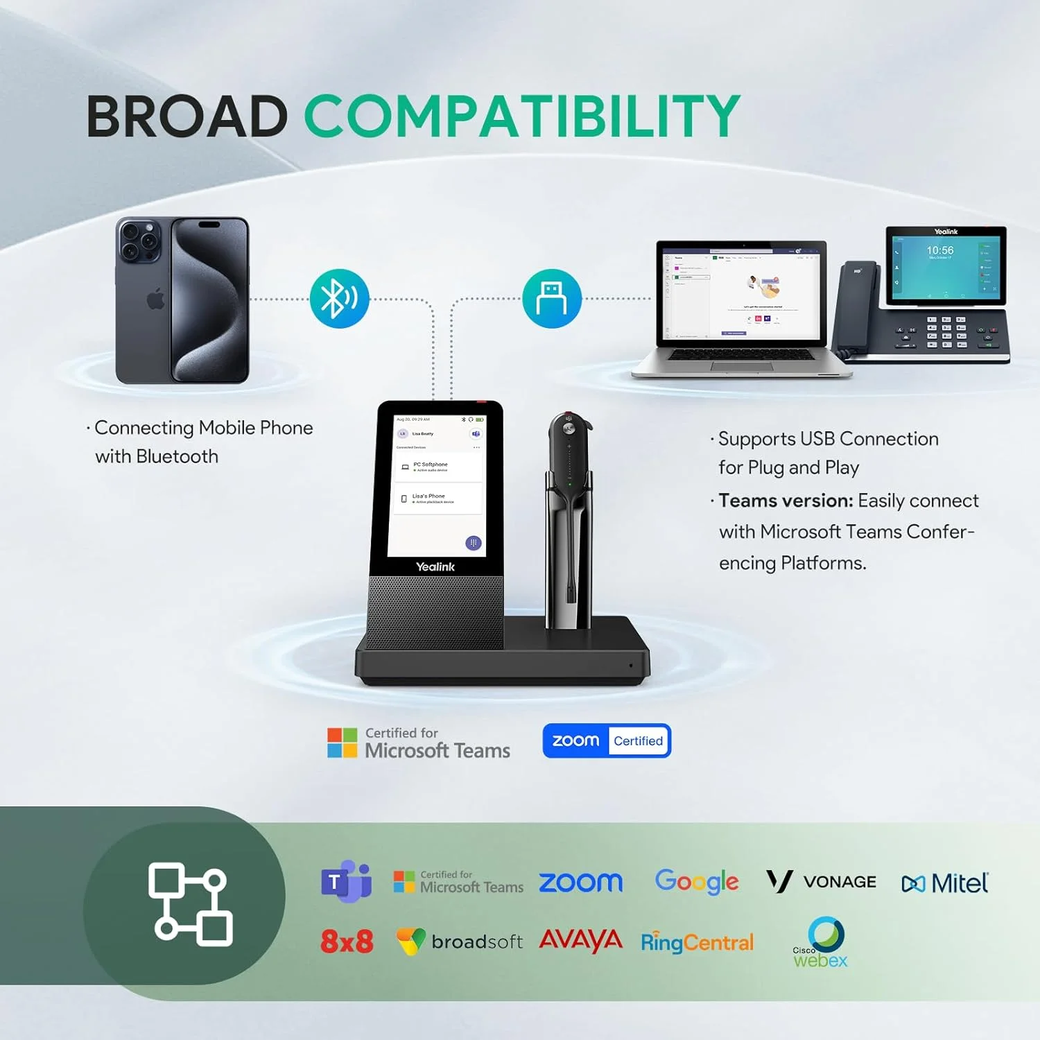 هدست بی سیم دکت یالینک WH67، دارای گواهی Teams، سازگار با تلفن رومیزی، کامپیوتر، تلفن همراه، هدست بلوتوث تک گوش (مونو) اداری، میکروفون حذف نویز، برد 120 متر، 8 ساعت مکالمه