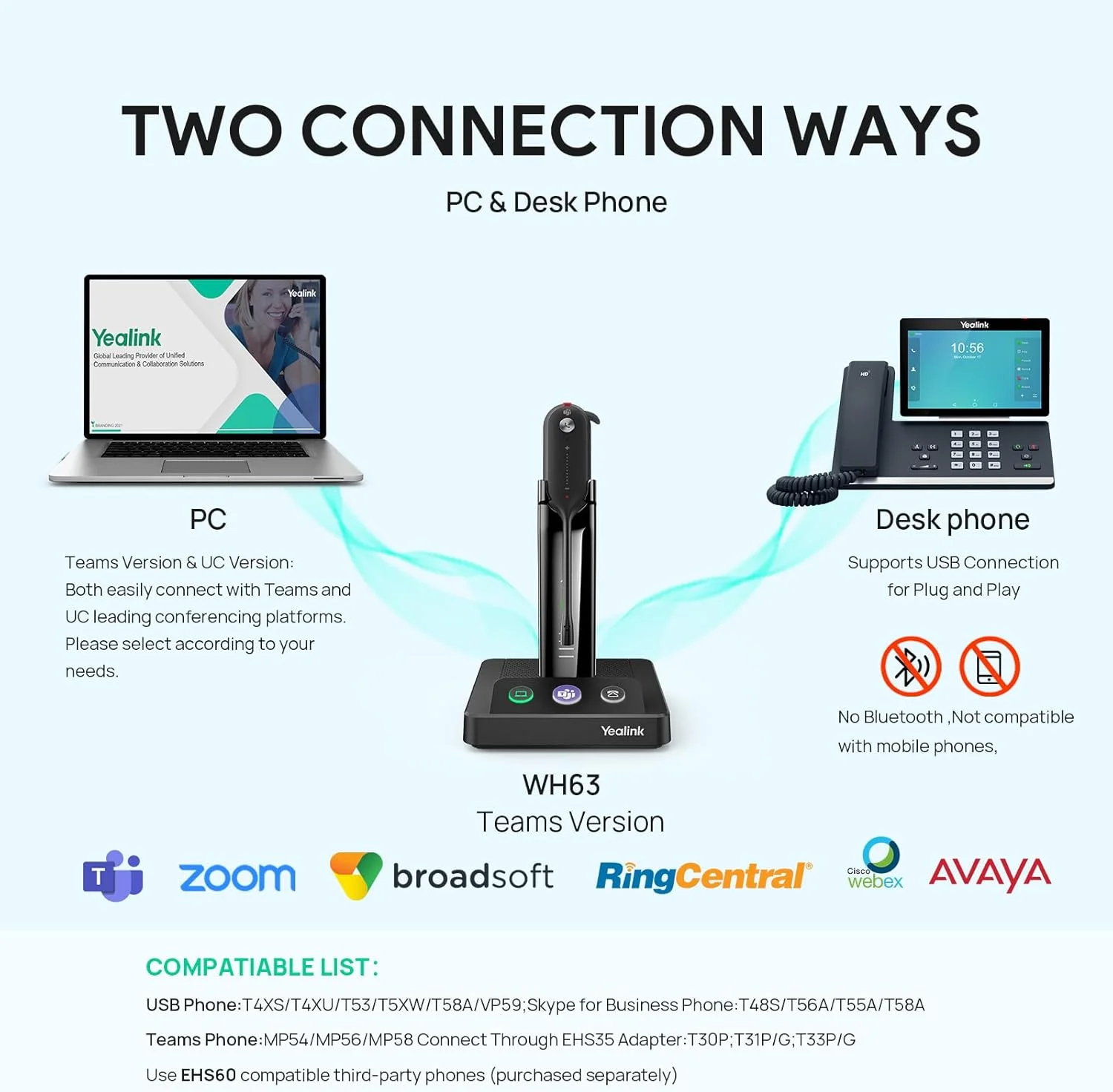 هدست بی سیم دکت Yealink مدل WH63 ارتقا یافته، دارای تاییدیه Teams، هدست تک گوشی اداری برای تلفن رومیزی و سافت فون کامپیوتر، میکروفون حذف نویز، سازگار با تلفن IP Polycom Grandstream هدست بی سیم دکت Yealink مدل WH63 ارتقا یافته، دارای تاییدیه Teams، هدست تک گوشی اداری برای تلفن رومیزی و سافت فون کامپیوتر، میکروفون حذف نویز، سازگار با تلفن IP Polycom Grandstream
