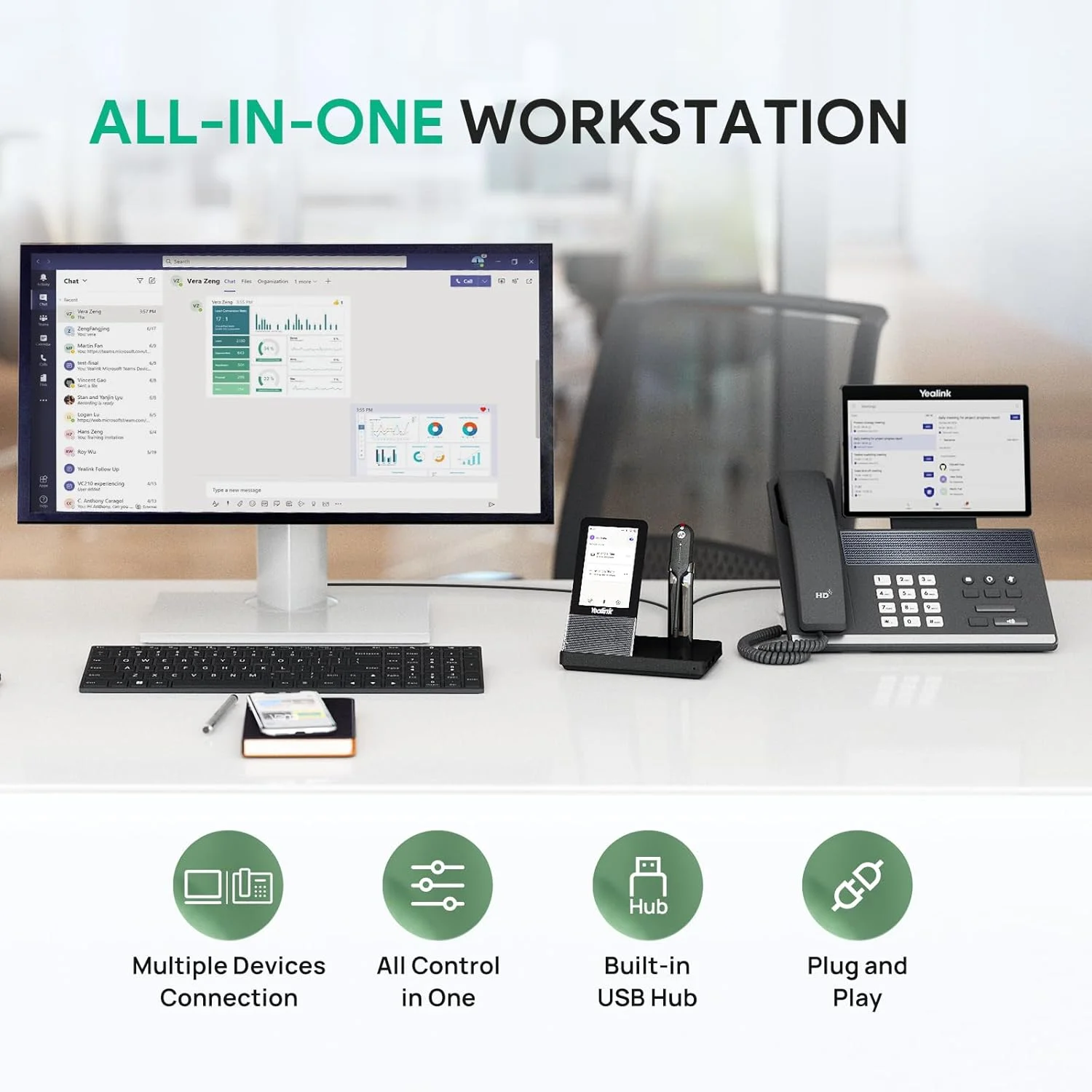 هدست بی سیم دکت یالینک WH67، دارای گواهی Teams، سازگار با تلفن رومیزی، کامپیوتر، تلفن همراه، هدست بلوتوث تک گوش (مونو) اداری، میکروفون حذف نویز، برد 120 متر، 8 ساعت مکالمه
