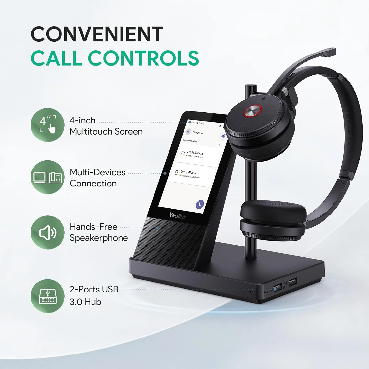 هدست بی‌سیم Yealink WH66 با صفحه نمایش 4 اینچی، هدست DECT برای Teams، Zoom و Skype، برد 160 متری، بلندگوی Full-Duplex، 14 ساعت مکالمه، هدفون اداری برای تلفن رومیزی و کامپیوتر