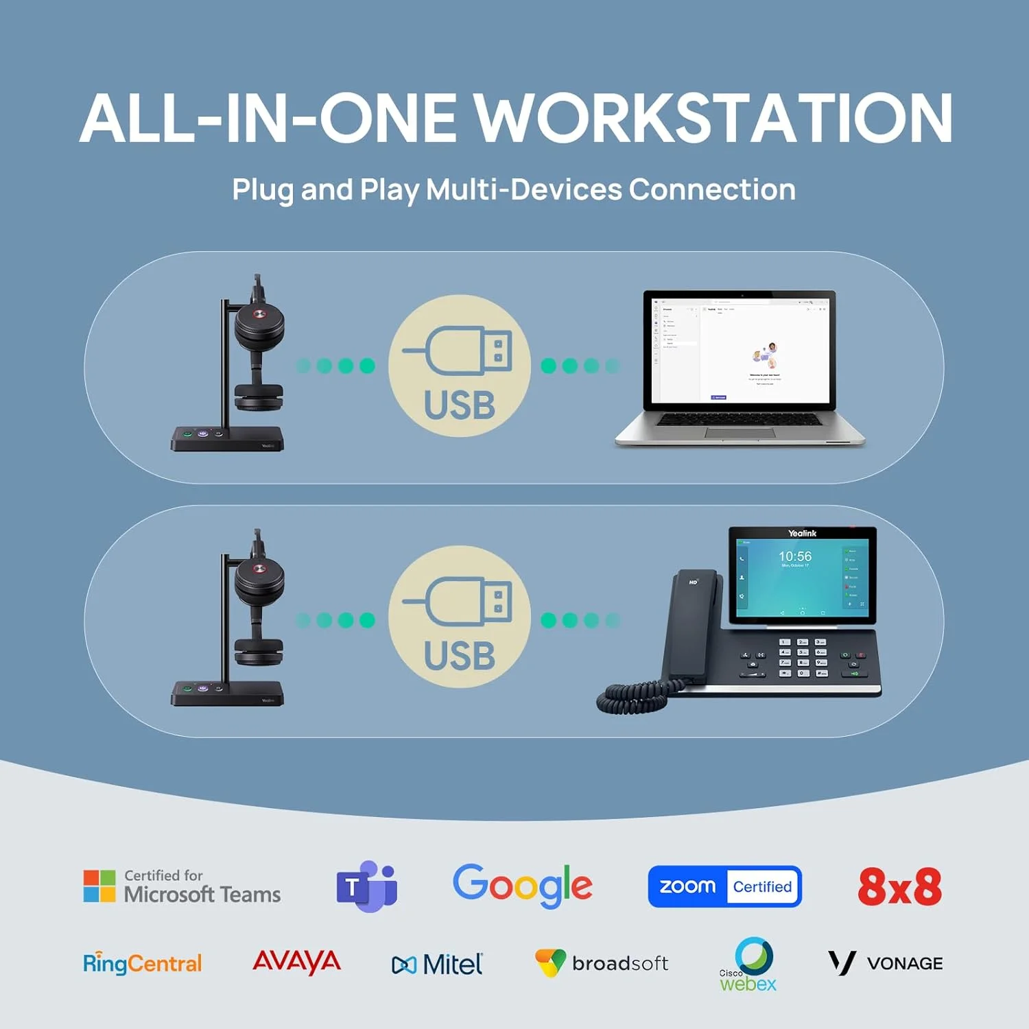 هدست بی‌سیم دکت یالینک مدل WH62 با پایه دکت، برد 160 متر، دارای تاییدیه Teams/UC Zoom، هدست تک گوش مناسب کار برای تلفن رومیزی و کامپیوتر، هدست تلفن با میکروفون حذف نویز، زنگ، 13 ساعت مکالمه