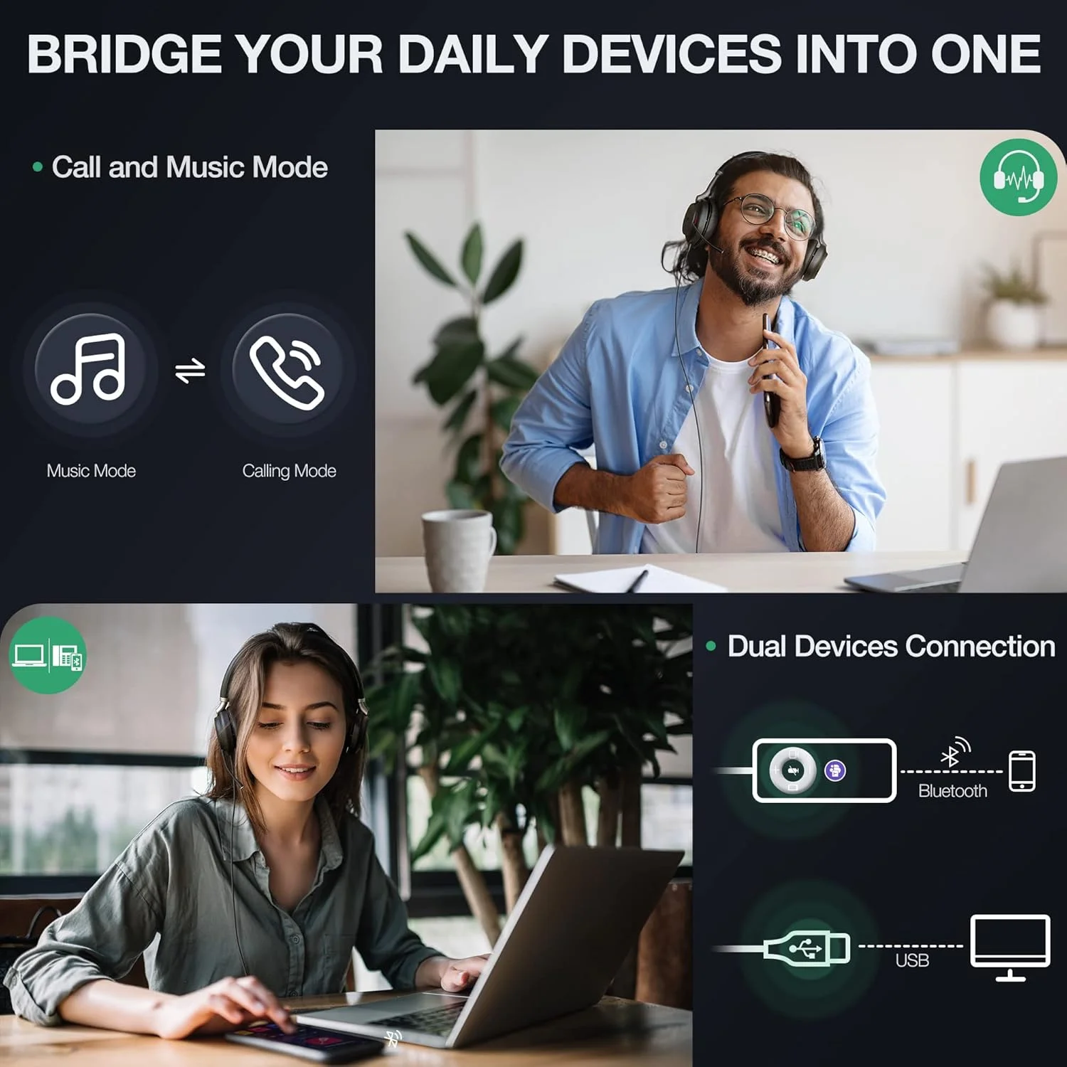 هدست بلوتوثی و سیمی USB یالینک UH38، هدست کاری با میکروفون حذف نویز، دارای گواهینامه Teams، مناسب و راحت، اتصال دوگانه برای کامپیوتر و دستگاه های تلفن همراه، دارای چراغ اشغال دوگانه
