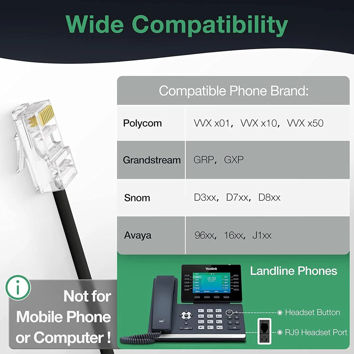 هدست تلفن دوگانه یالینک YHS34 Lite با جک RJ9 و میکروفون حذف نویز، سازگار با تلفن های رومیزی پلی اسنوم (کابل 2.1 متری)
