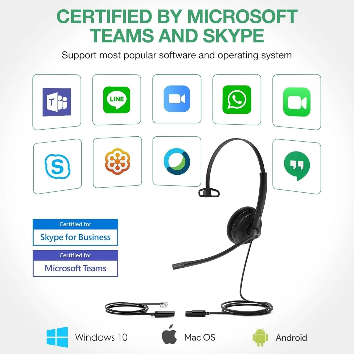 هدست تلفن دوگانه یالینک YHS34 Lite با جک RJ9 و میکروفون حذف نویز، سازگار با تلفن های رومیزی پلی اسنوم (کابل 2.1 متری)