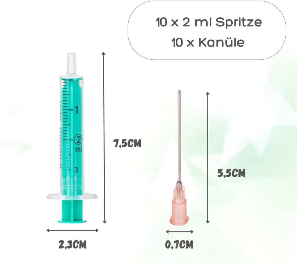 ۱۰ عدد سرنگ ۲ میلی لیتری و ۱۰ عدد کانولا. مجموعه سرنگ با سوزن صاف، در اندازه های مختلف: ۱ میلی لیتر، ۲ میلی لیتر، ۵ میلی لیتر، ۱۰ میلی لیتر، ۲۰ میلی لیتر برای سرگرمی و کارهای دستی، بسته بندی استریل تکی ۱۰ عدد سرنگ ۲ میلی لیتری و ۱۰ عدد کانولا. مجموعه سرنگ با سوزن صاف، در اندازه های مختلف: ۱ میلی لیتر، ۲ میلی لیتر، ۵ میلی لیتر، ۱۰ میلی لیتر، ۲۰ میلی لیتر برای سرگرمی و کارهای دستی، بسته بندی استریل تکی