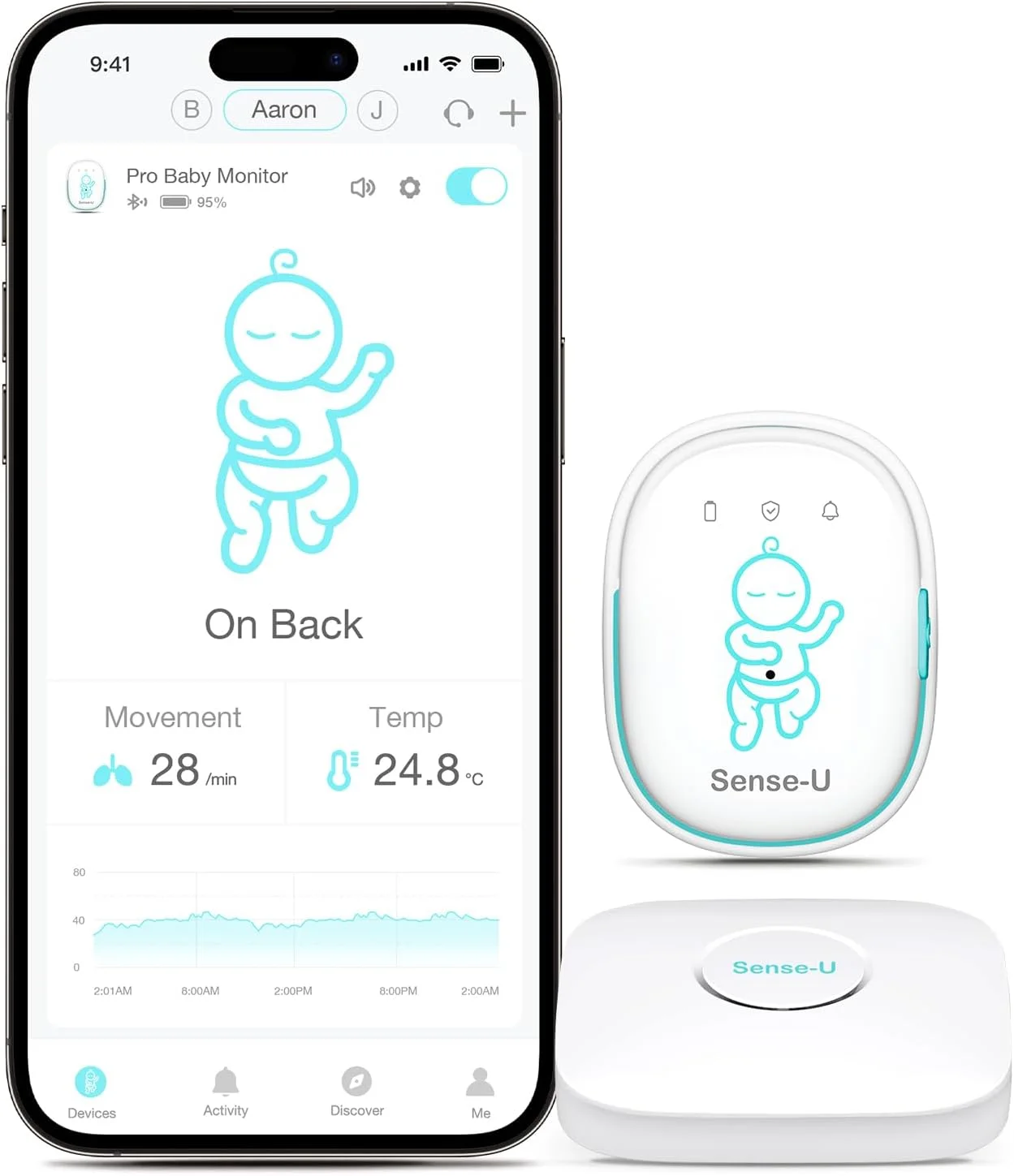 مانیتور هوشمند کودک Sense-U برای ردیابی حرکت شکم، احساس دما و وضعیت خواب کودک روی شکم برای ایمنی کودک با زنگ هشدار صوتی در تلفن هوشمند