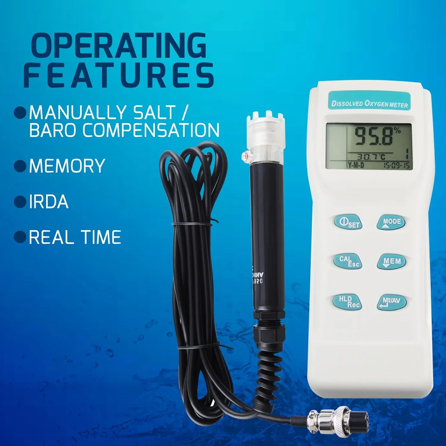 دستگاه سنجش اکسیژن محلول حرفه ای قابل حمل GAIN EXPRESS، حافظه 99 نقطه، اندازه گیری مقدار % / PPM/mg/I، تستر مانیتور دستی با کابل 3 متری