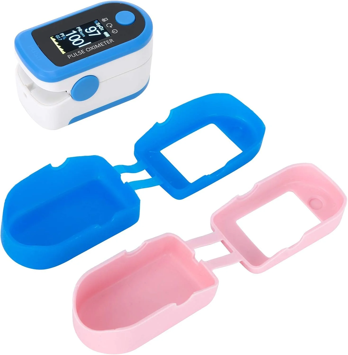 محافظ دستگاه سنجش میزان اکسیژن خون اوکا، سایز کوچک، نصب آسان، مقاوم در برابر سایش، مناسب برای مسافرت و منزل (آبی + صورتی)