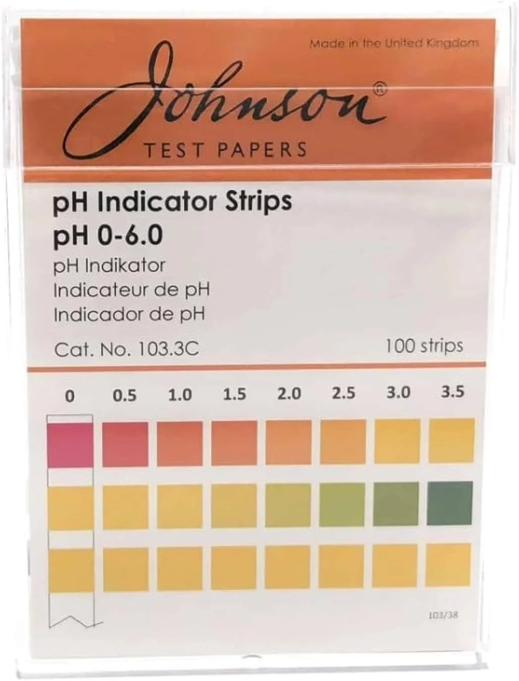 نوار تست شاخص pH جانسون، غیر قابل نفوذ، 103.3 درجه سانتیگراد، J-pHix، 0 تا 6.0 pH، 100 نوار در بسته نوار تست شاخص pH جانسون، غیر قابل نفوذ، 103.3 درجه سانتیگراد، J-pHix، 0 تا 6.0 pH، 100 نوار در بسته